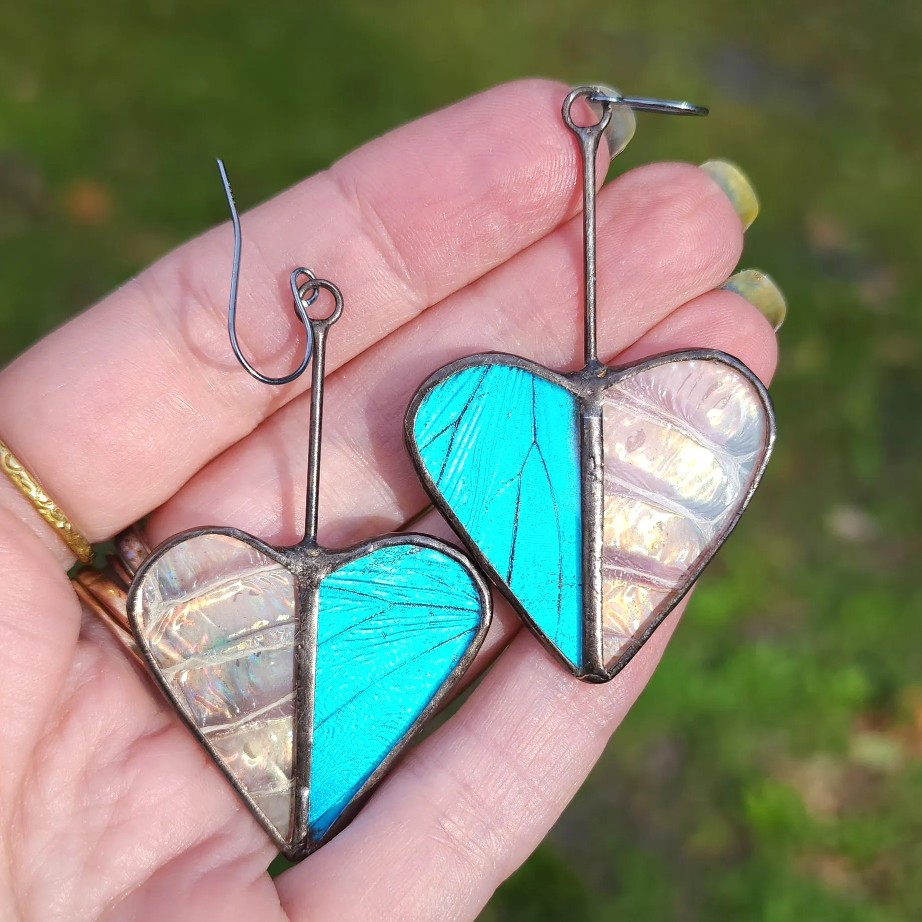 Iridescent Blue Butterfly & Snakeshed Heart Variations Earrings