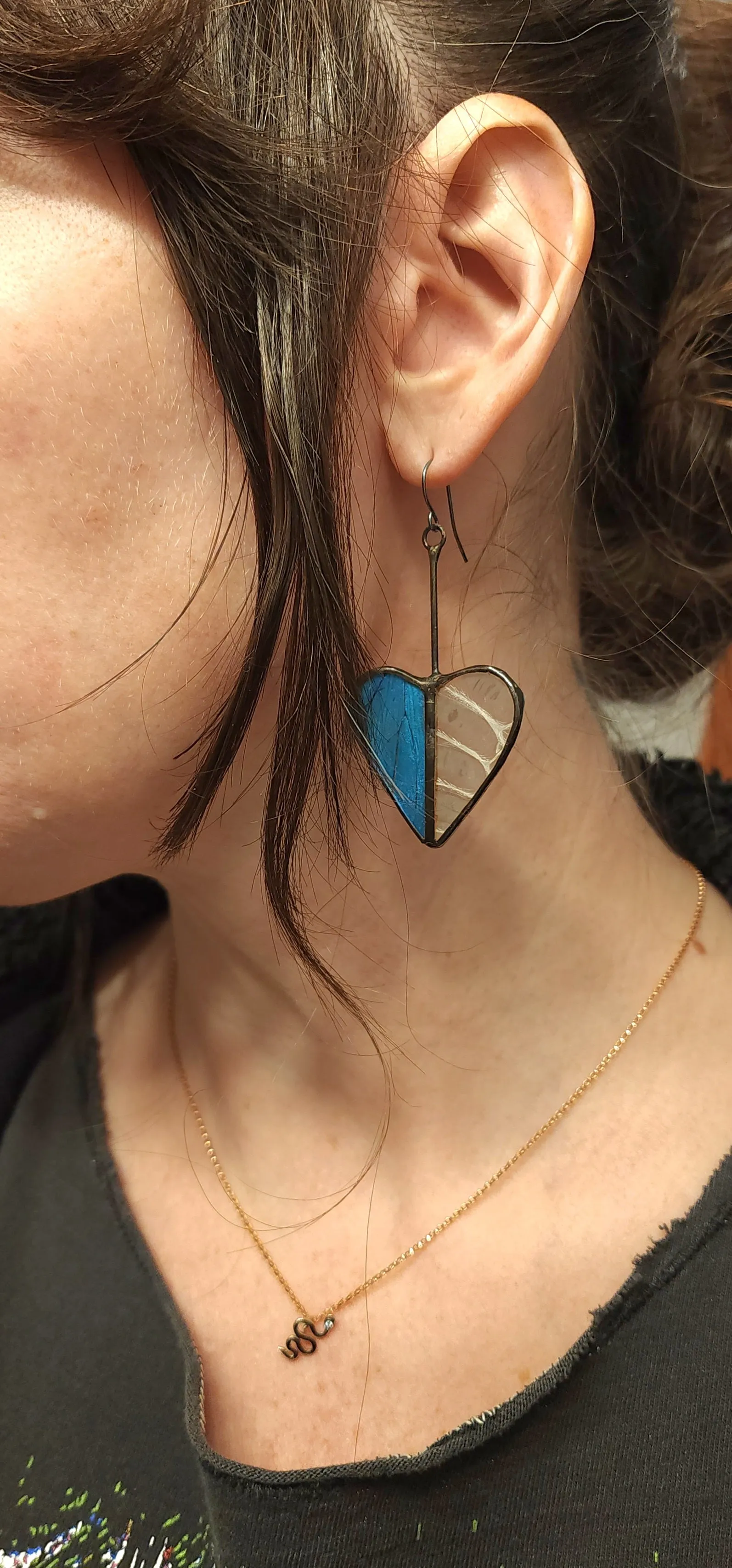 Iridescent Blue Butterfly & Snakeshed Heart Variations Earrings