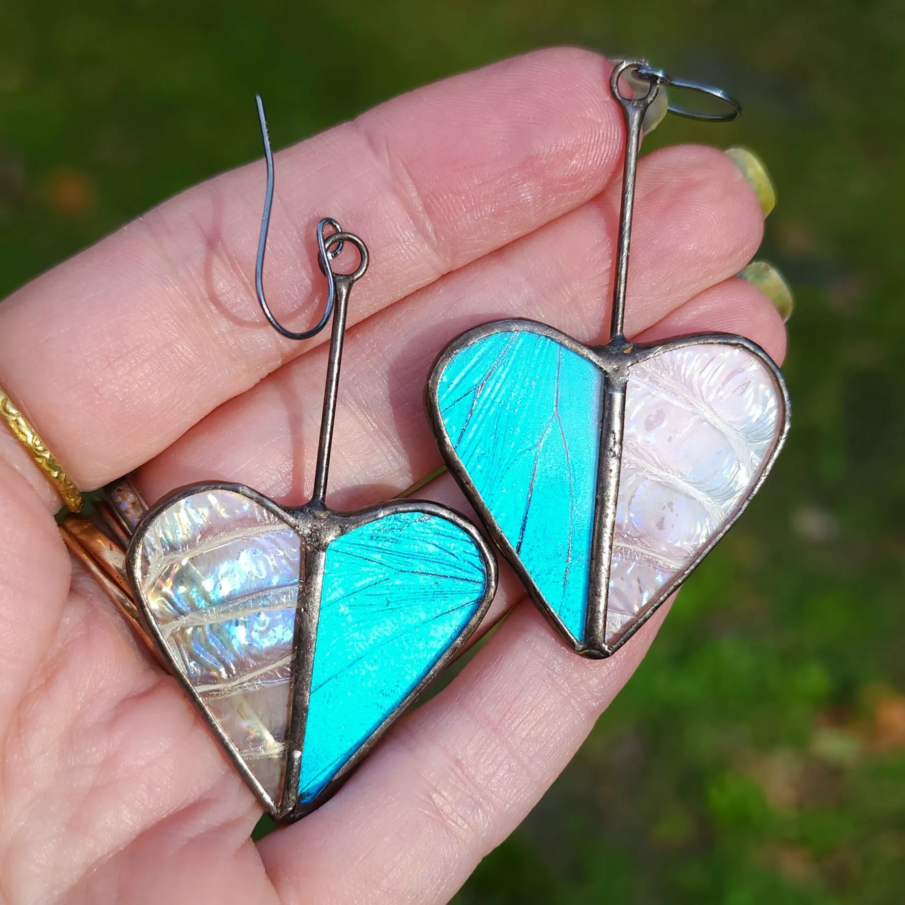 Iridescent Blue Butterfly & Snakeshed Heart Variations Earrings