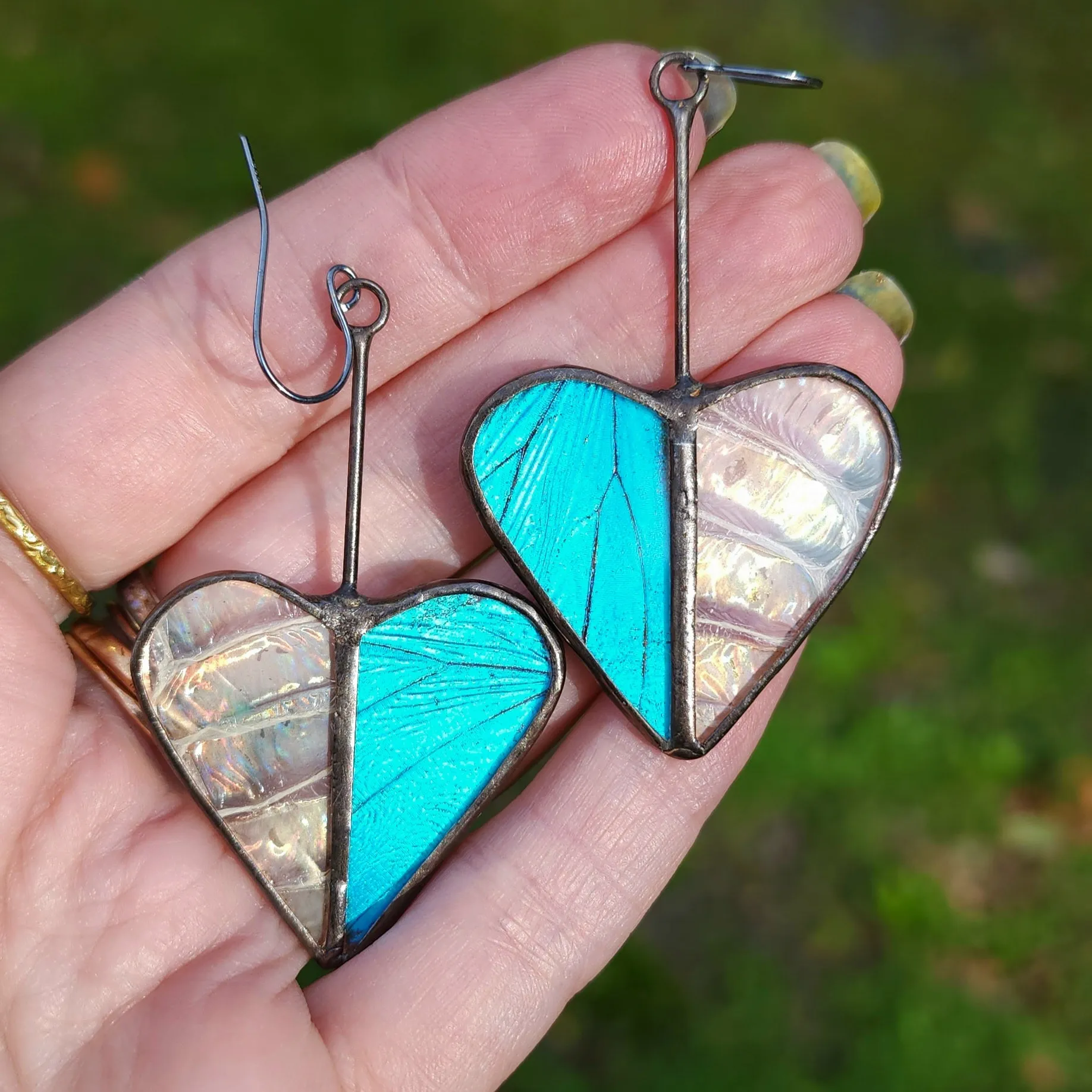 Iridescent Blue Butterfly & Snakeshed Heart Variations Earrings