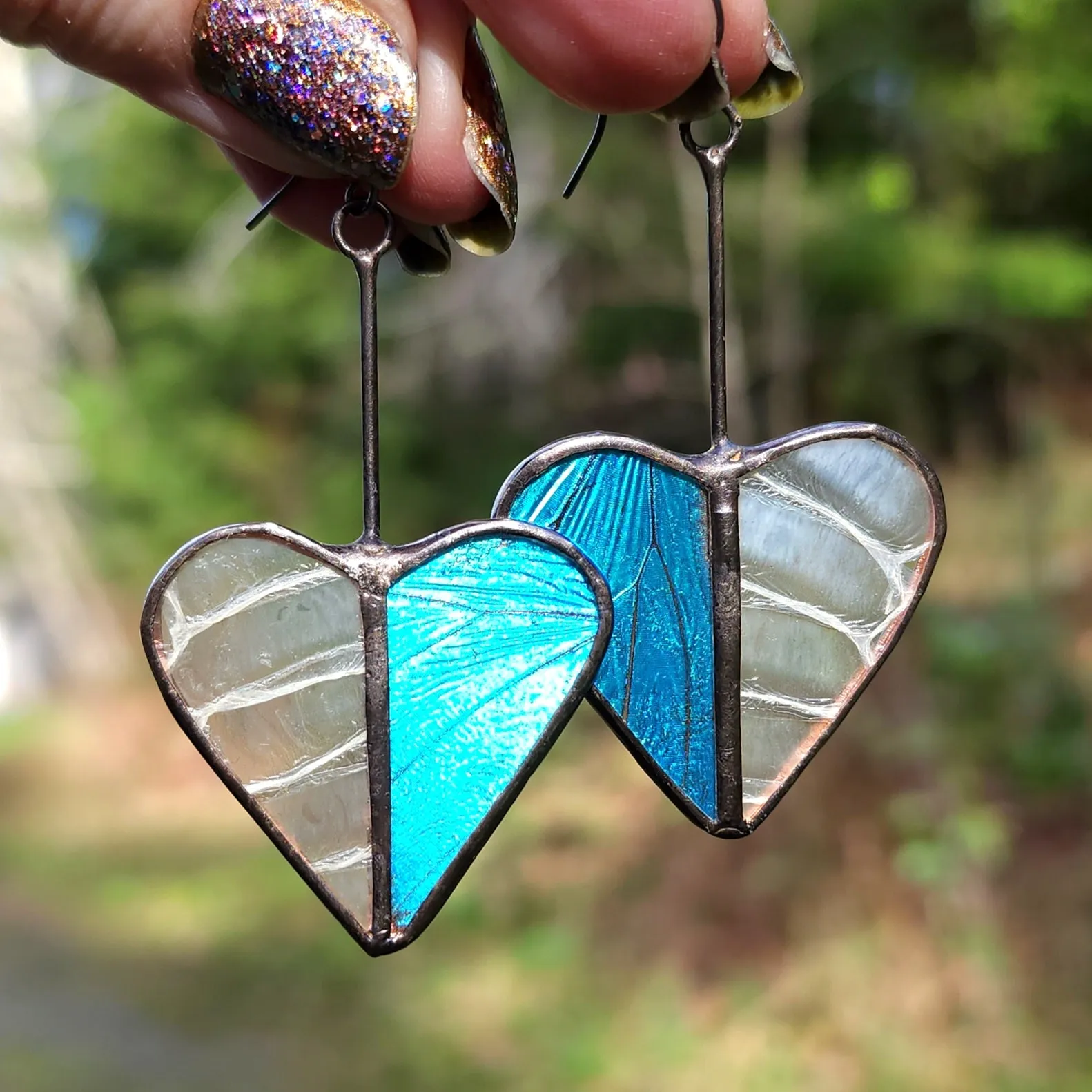 Iridescent Blue Butterfly & Snakeshed Heart Variations Earrings