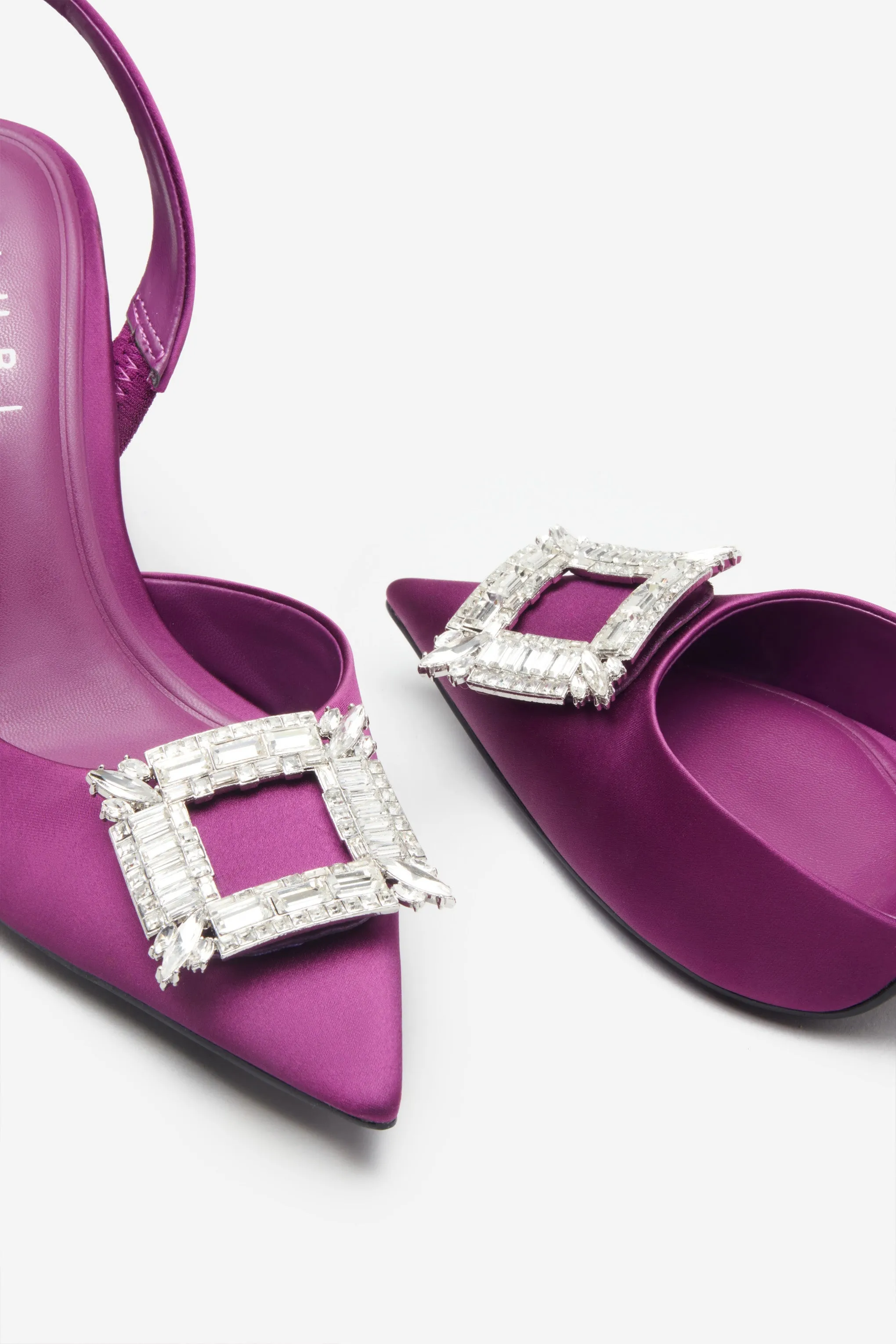 Just A Fling | Purple Satin Sling Back Heels With Diamante Brooches