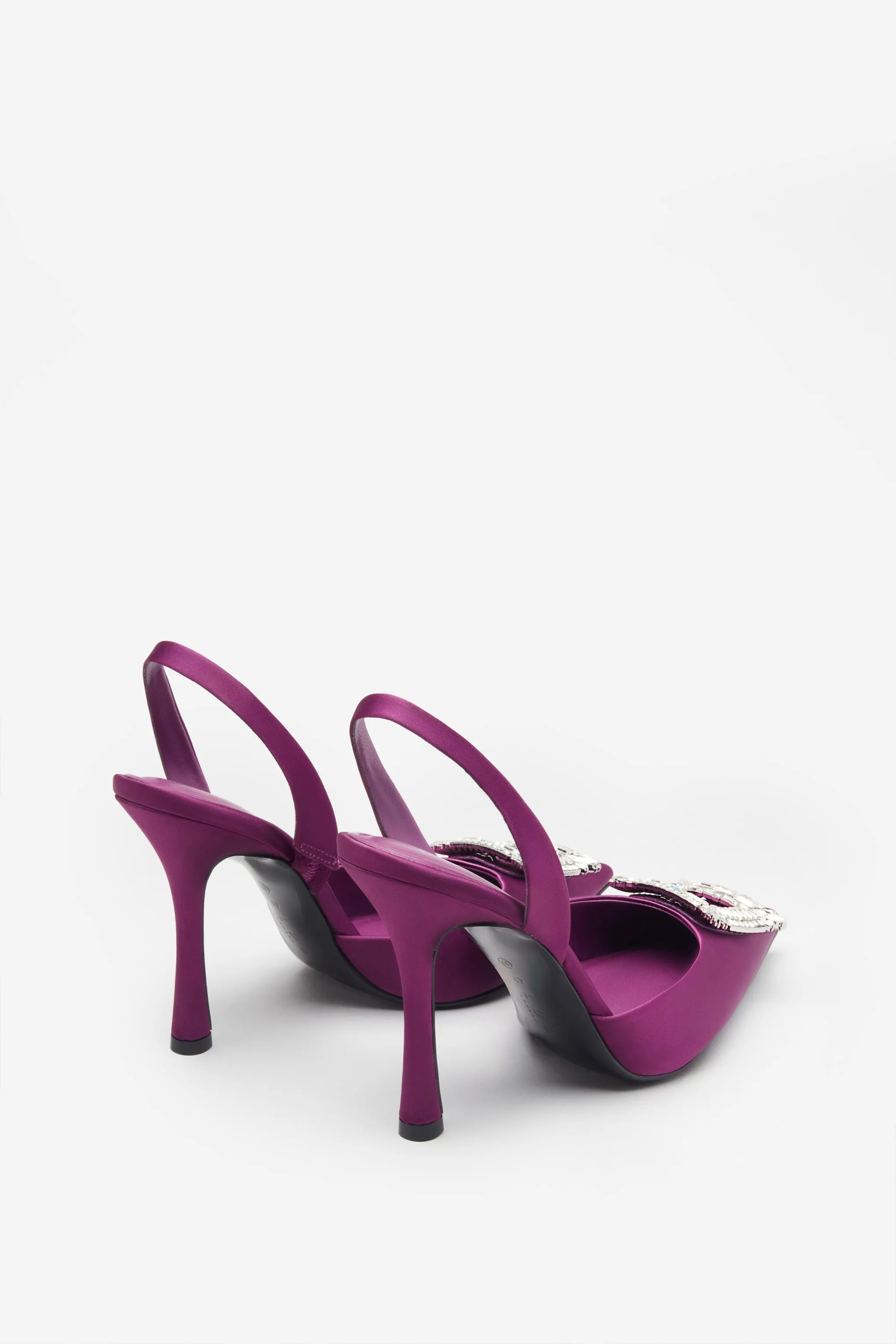 Just A Fling | Purple Satin Sling Back Heels With Diamante Brooches