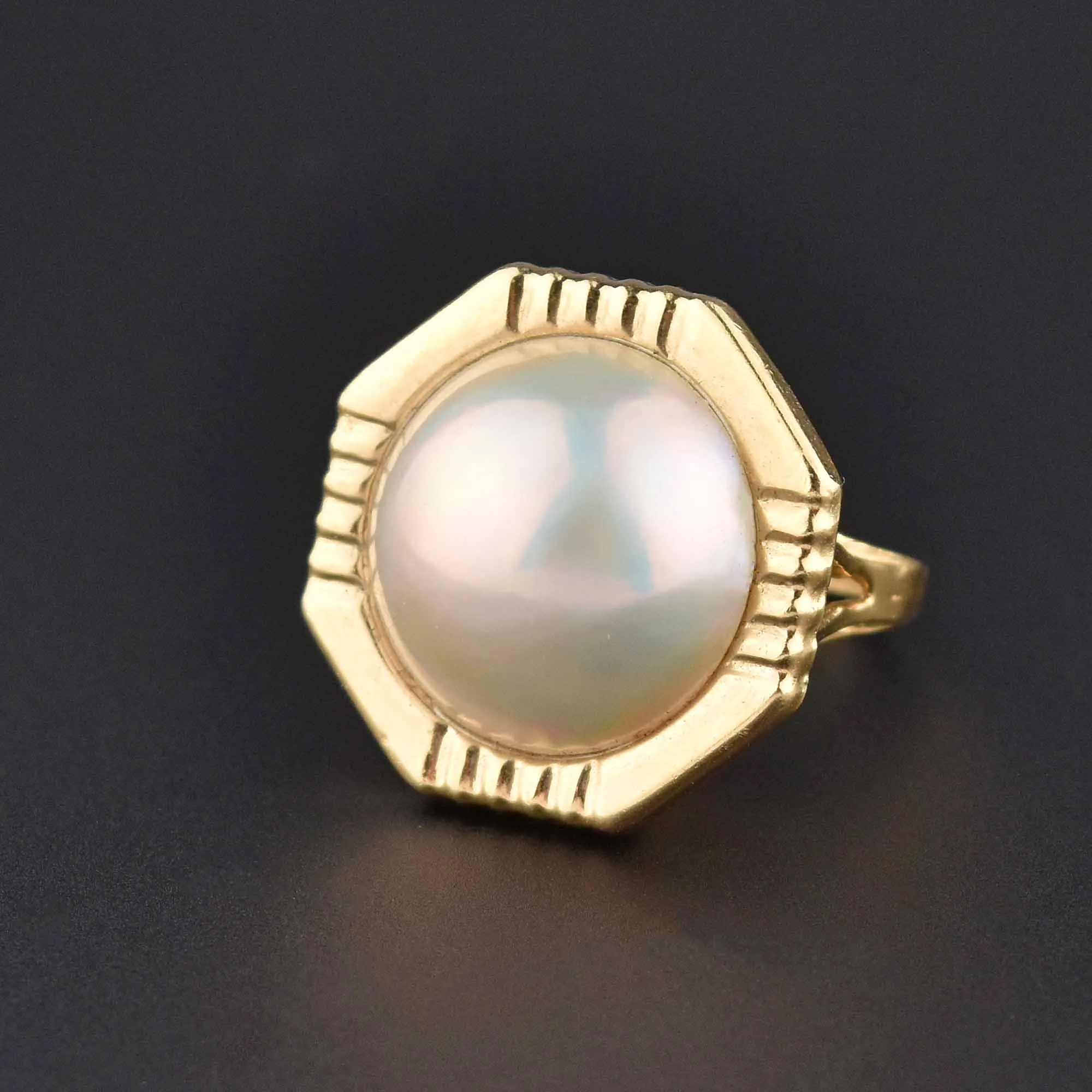 Large Mabe Pearl 14K Gold Geometric Octagon Cocktail Ring