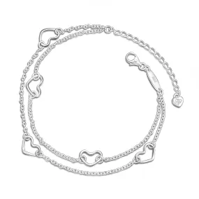 Layered Open Heart Anklet Sterling Silver