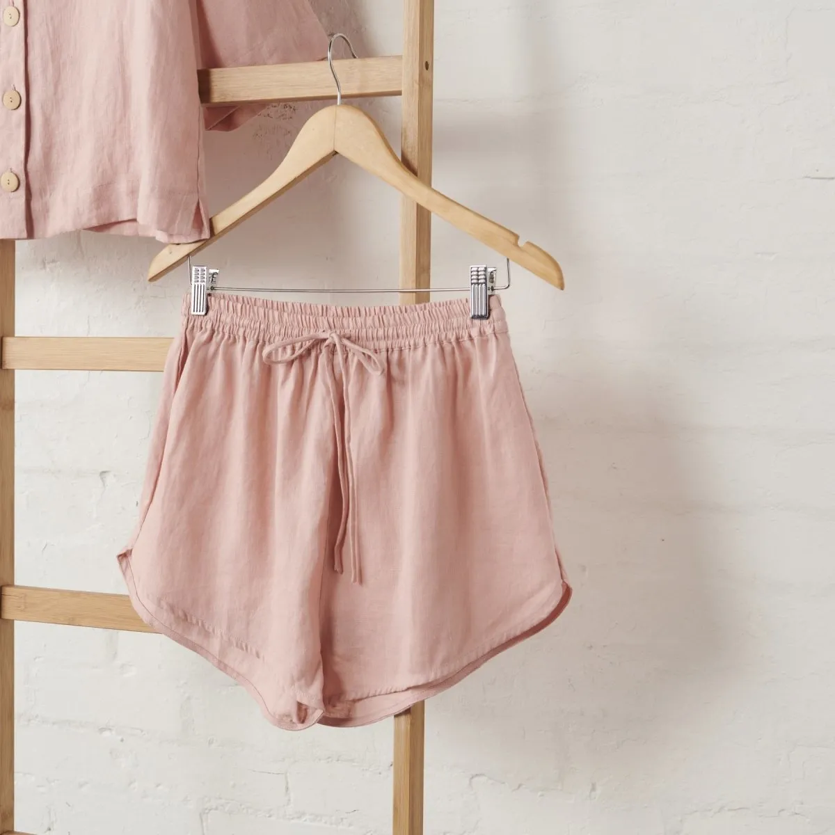 Linen Crop Button Up and Short PJ Set - Pink