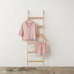 Linen Crop Button Up and Short PJ Set - Pink