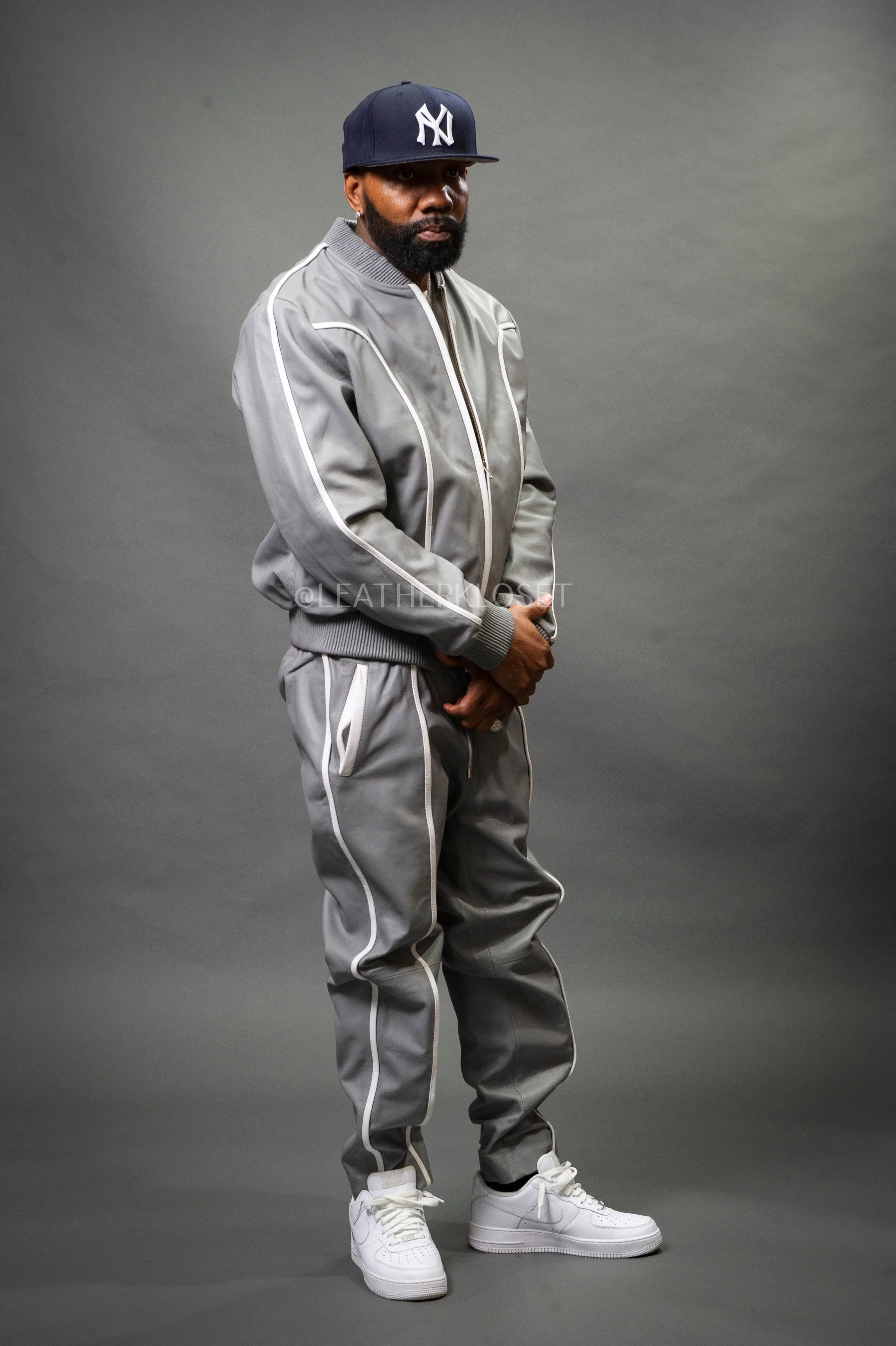 Men's Brayden Leather Track Suit Sweatsuit [Grey/White]