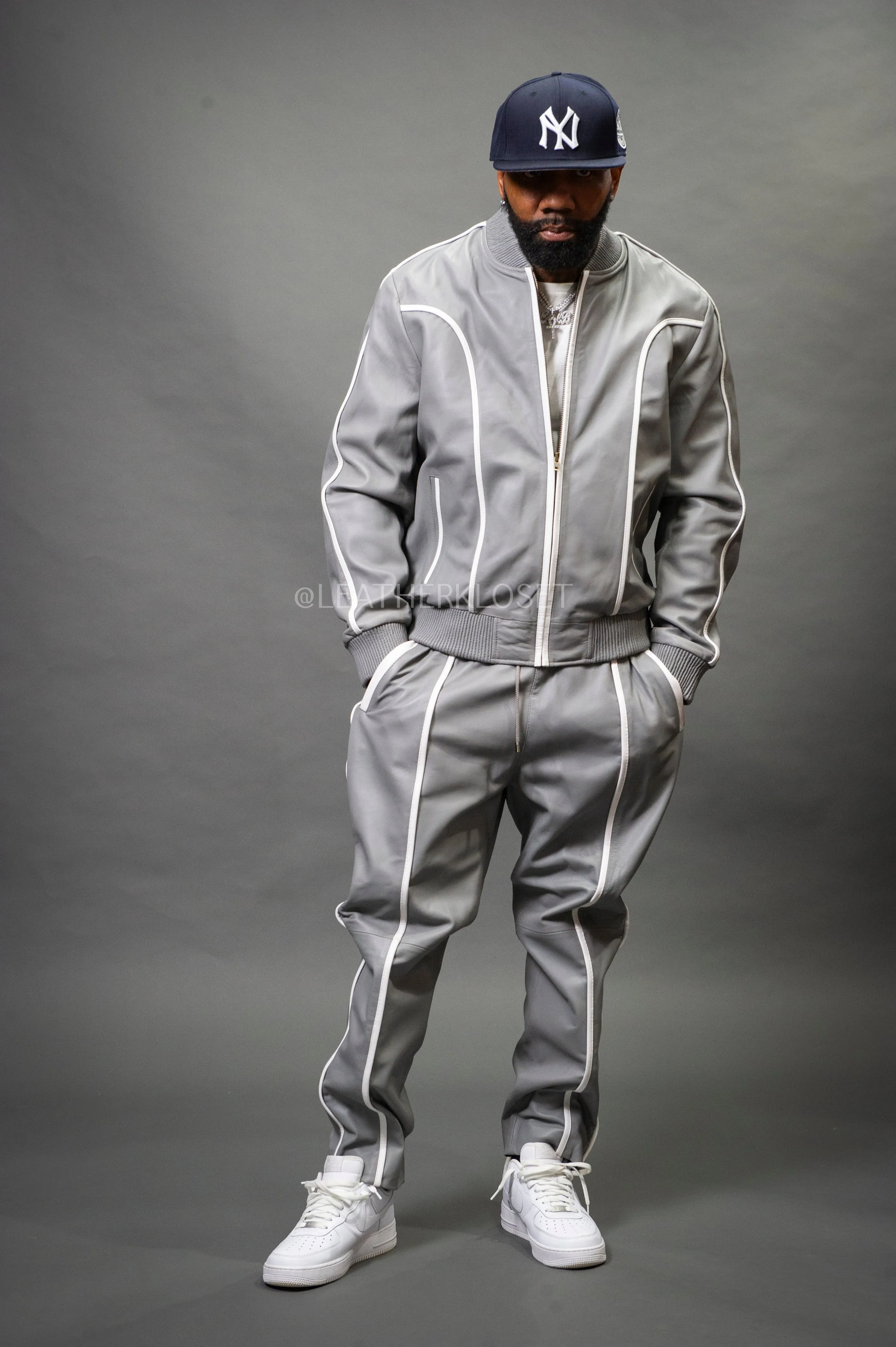 Men's Brayden Leather Track Suit Sweatsuit [Grey/White]