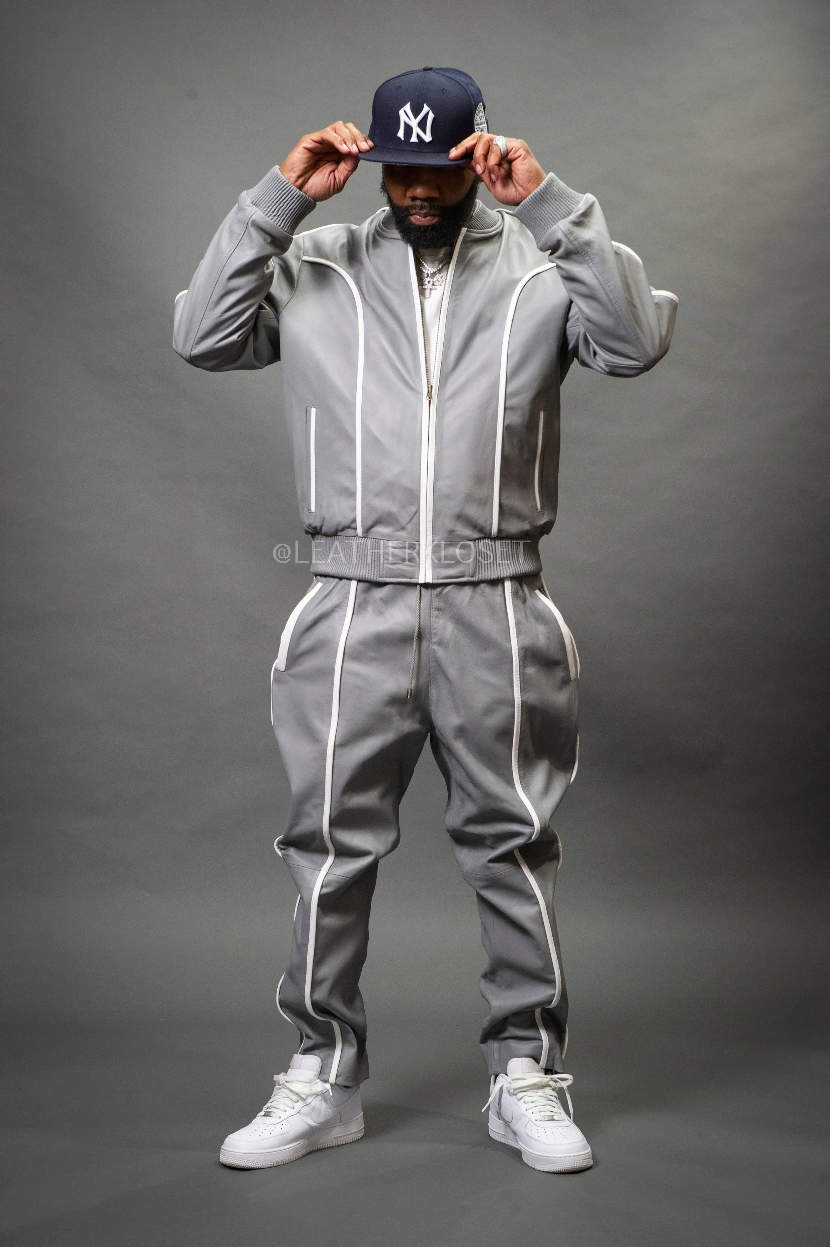 Men's Brayden Leather Track Suit Sweatsuit [Grey/White]