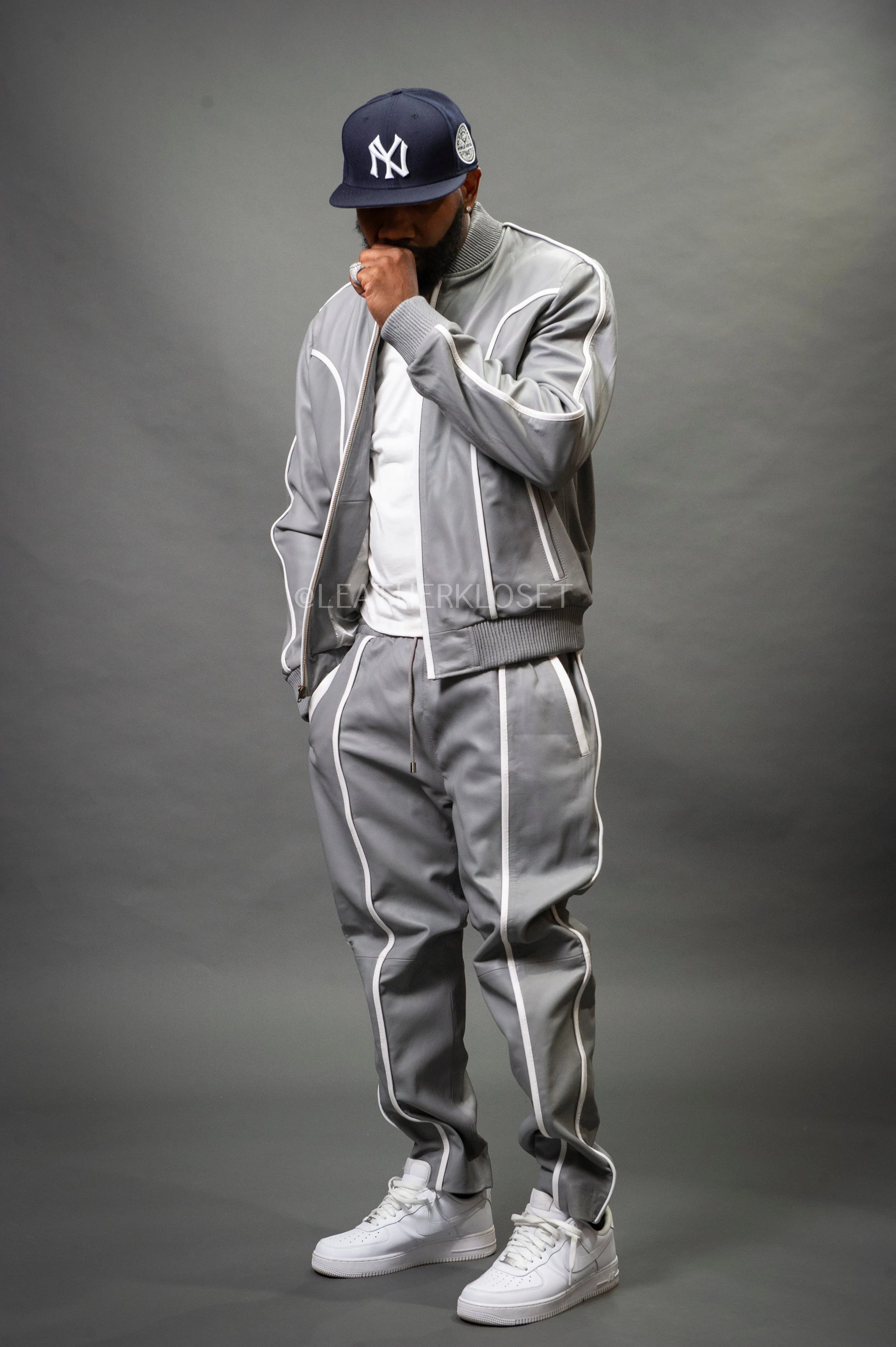 Men's Brayden Leather Track Suit Sweatsuit [Grey/White]