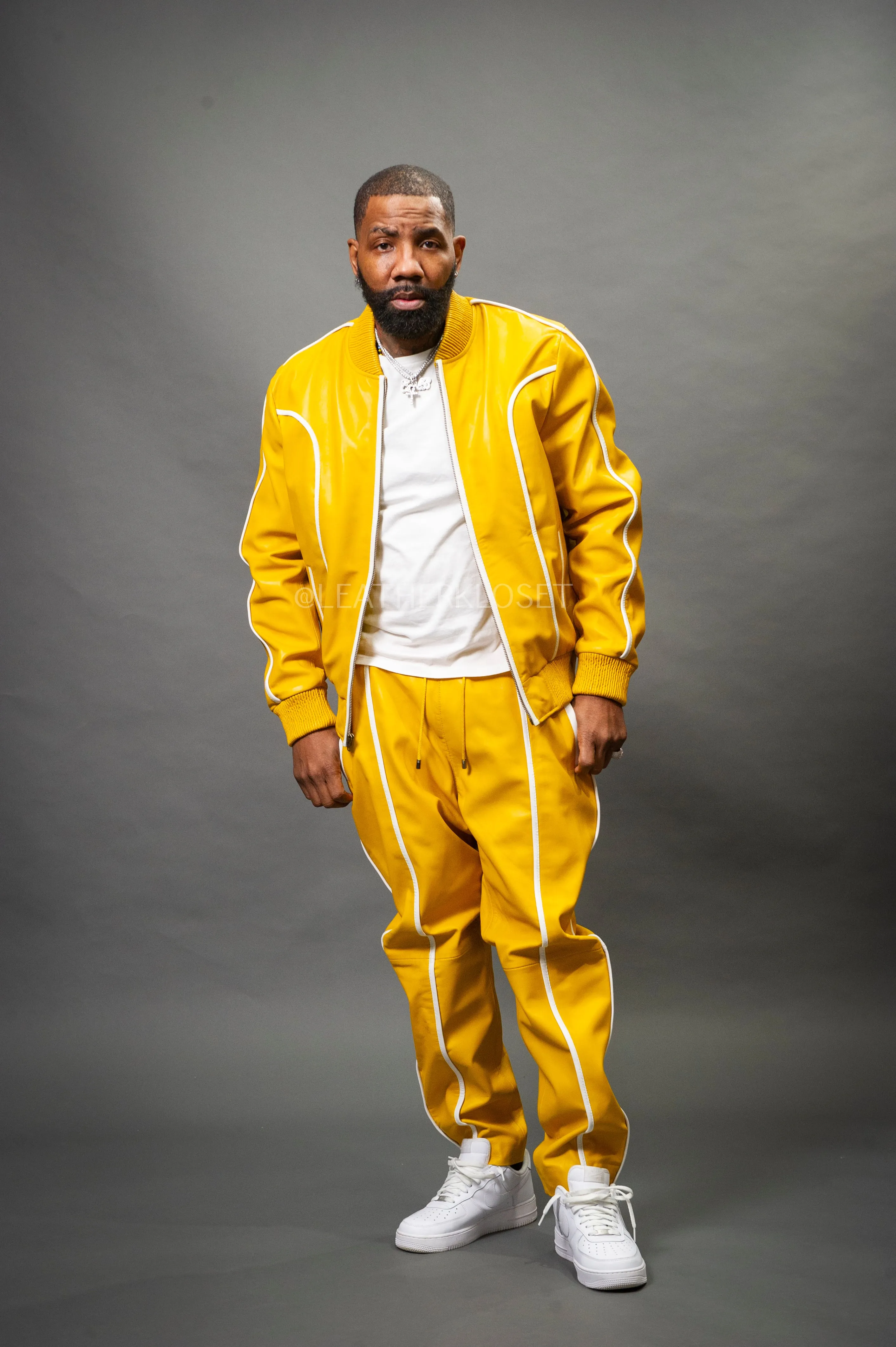 Men's Brayden Leather Track Suit Sweatsuit [Yellow/White]