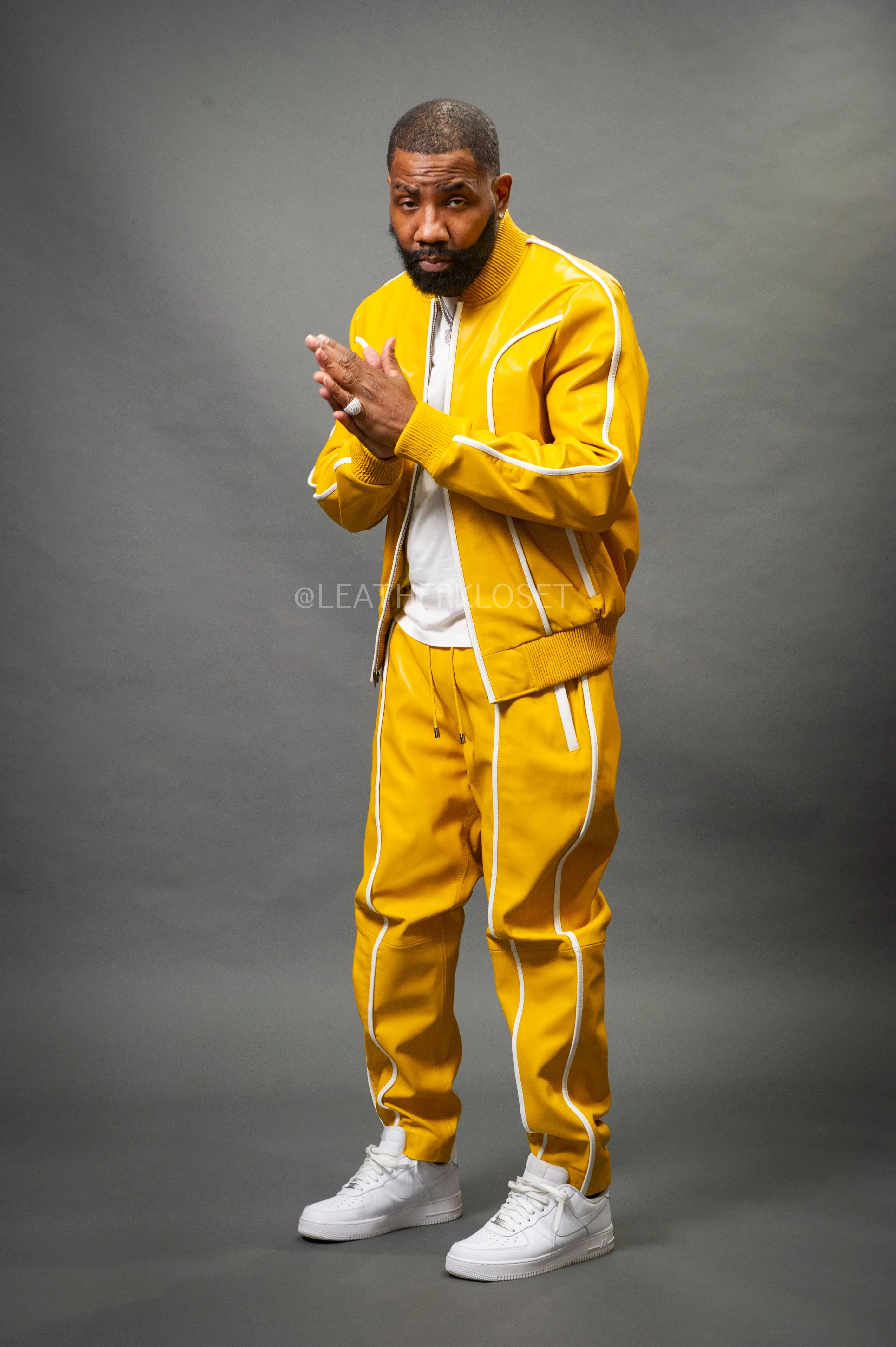 Men's Brayden Leather Track Suit Sweatsuit [Yellow/White]