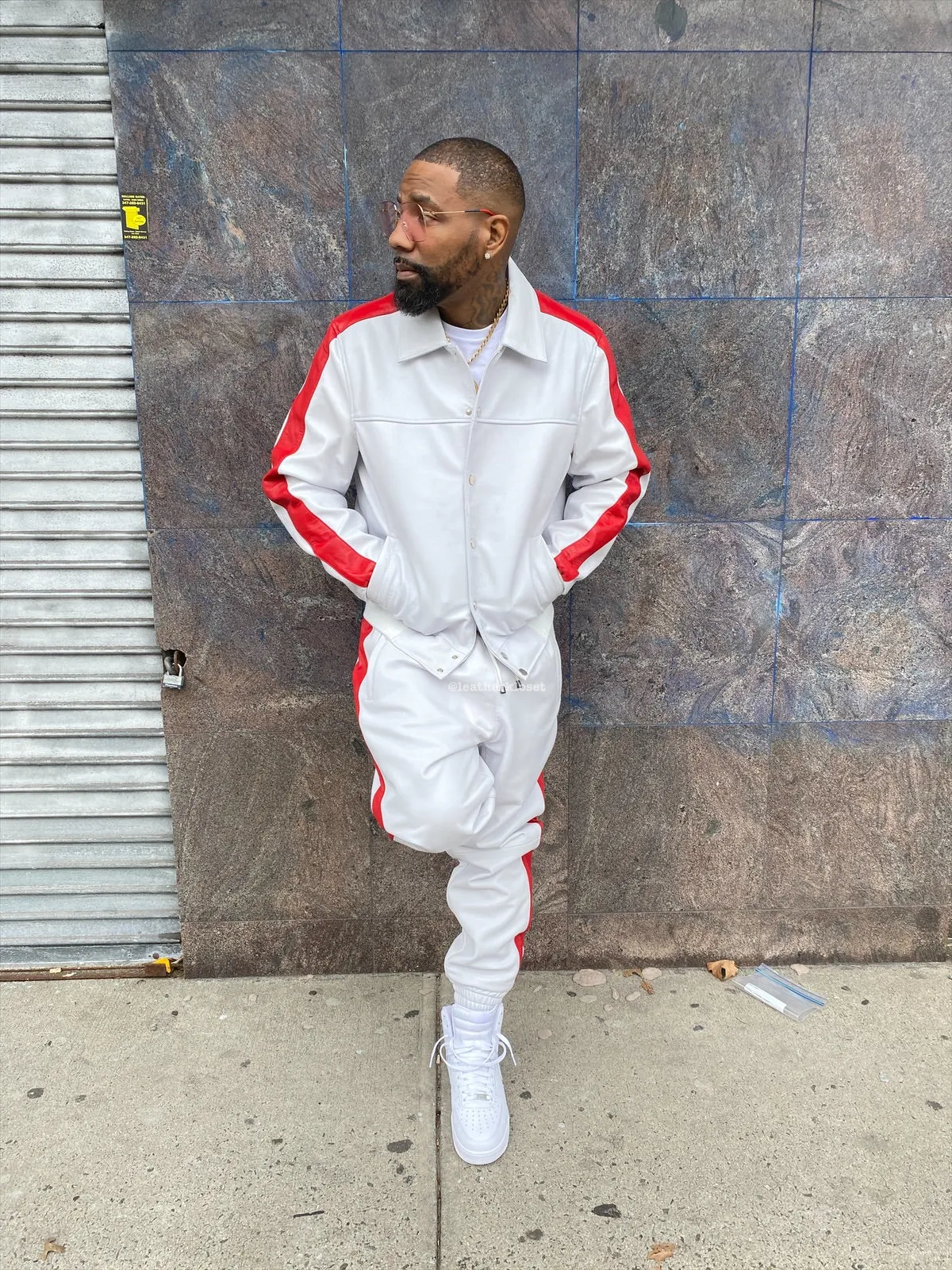 Men's Leather Track Suit Sweatsuit [White/Red]