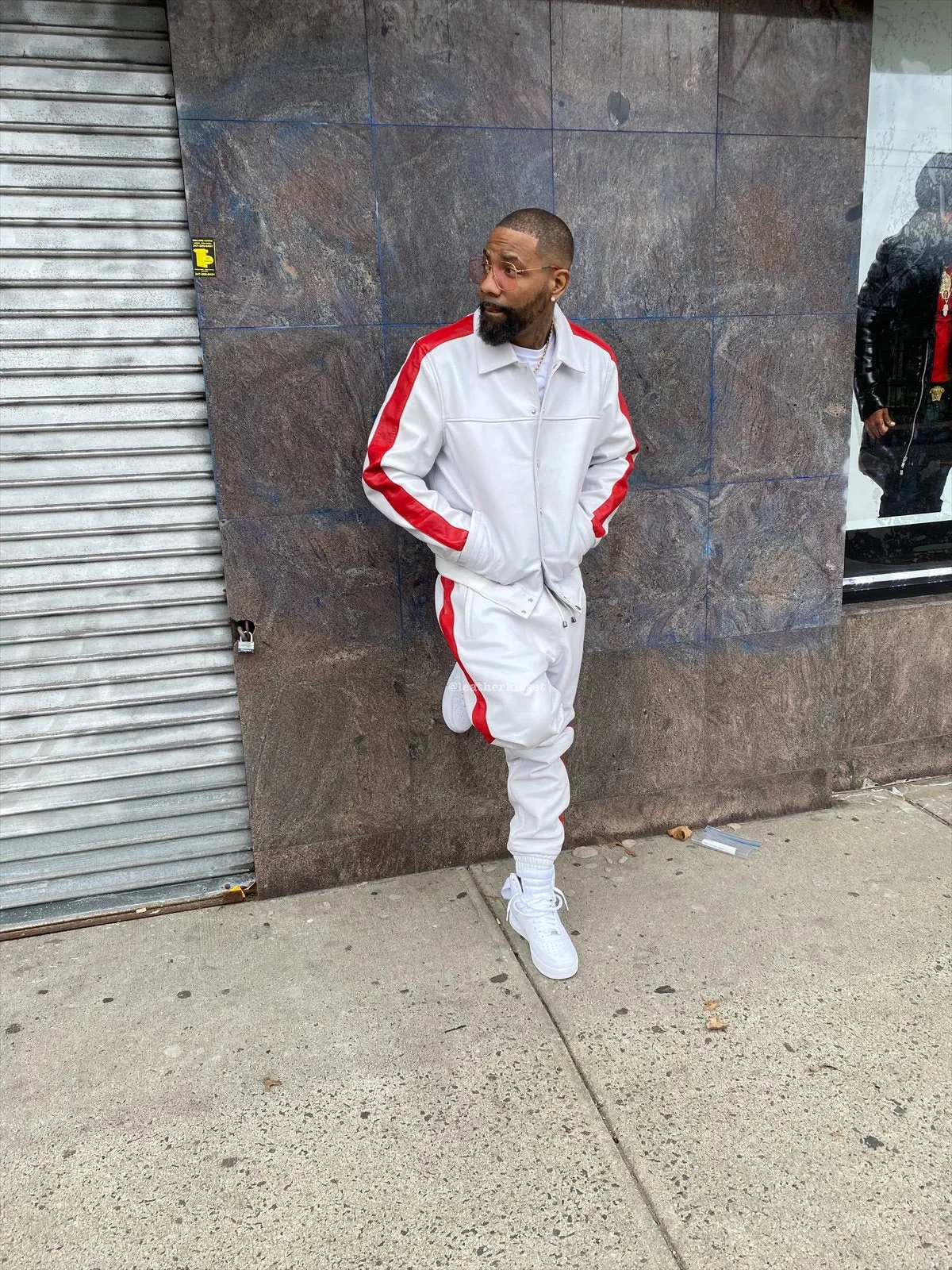 Men's Leather Track Suit Sweatsuit [White/Red]