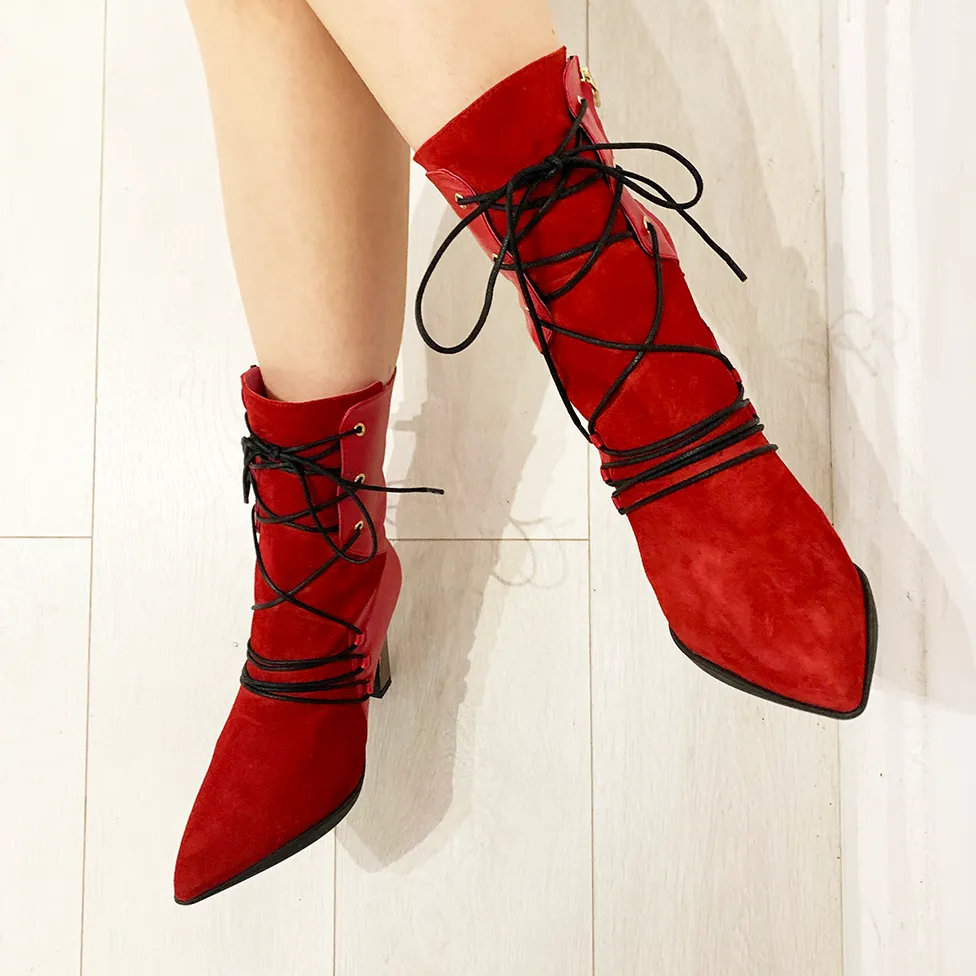 Mina - Red/black ankle heel boot