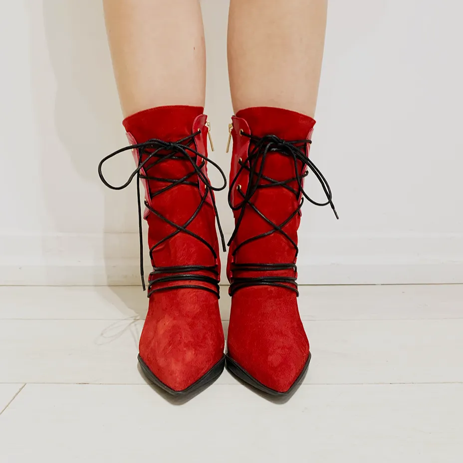 Mina - Red/black ankle heel boot