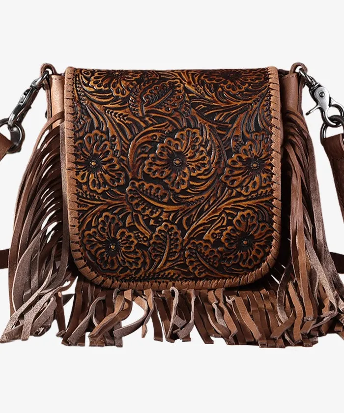 Montana West Genuine Leather Floral Fringe Crossbody