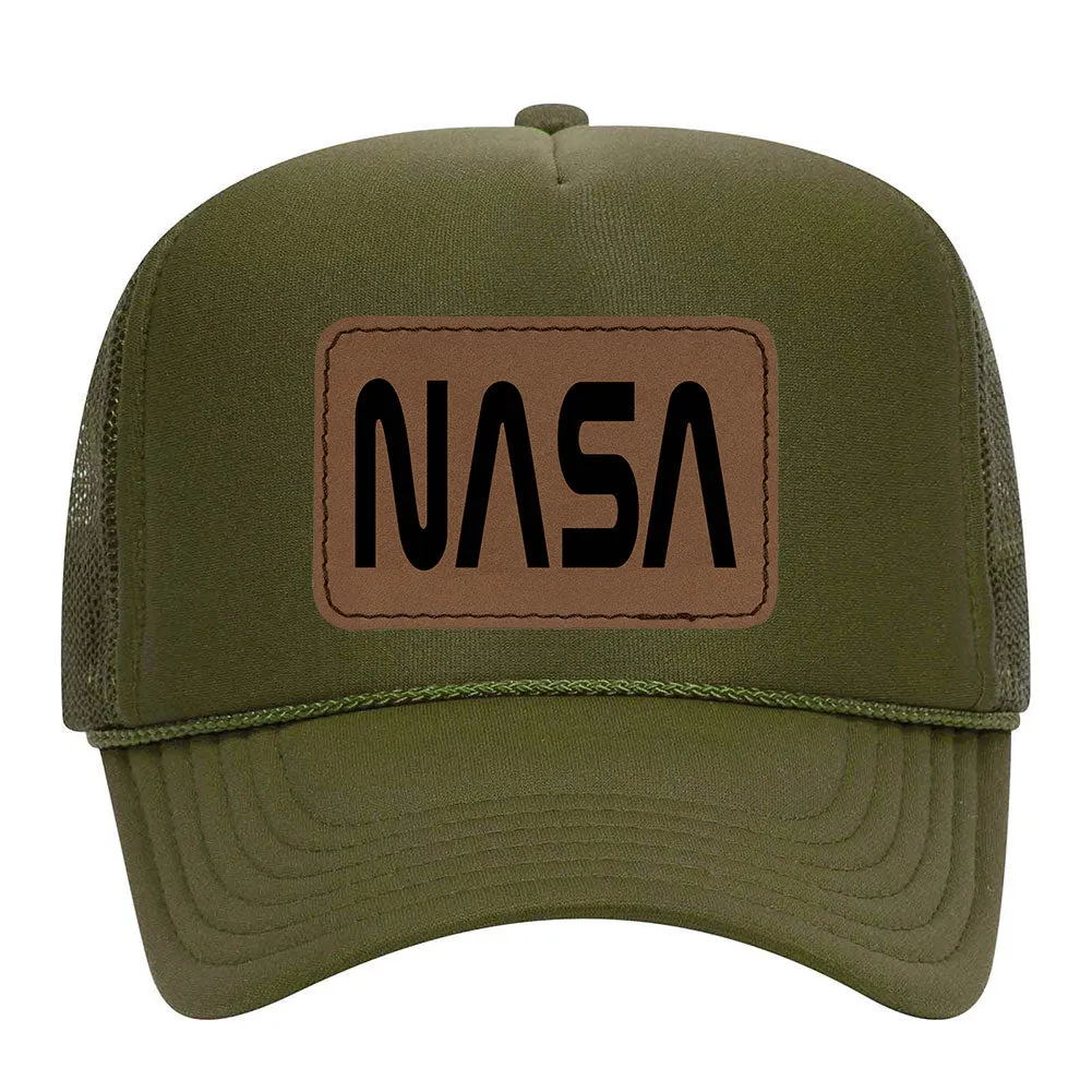 NASA Letter Leatherette Patch 5 Panel Mono Color High Crown Mesh Back Trucker Hat - For Men and Women