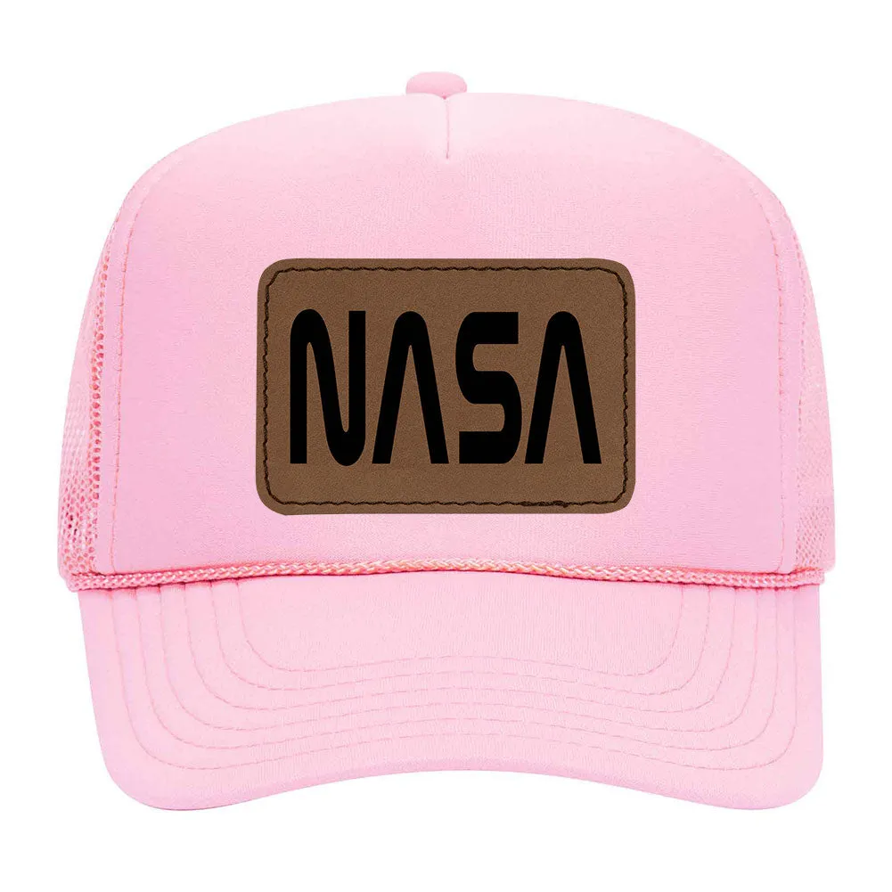 NASA Letter Leatherette Patch 5 Panel Mono Color High Crown Mesh Back Trucker Hat - For Men and Women