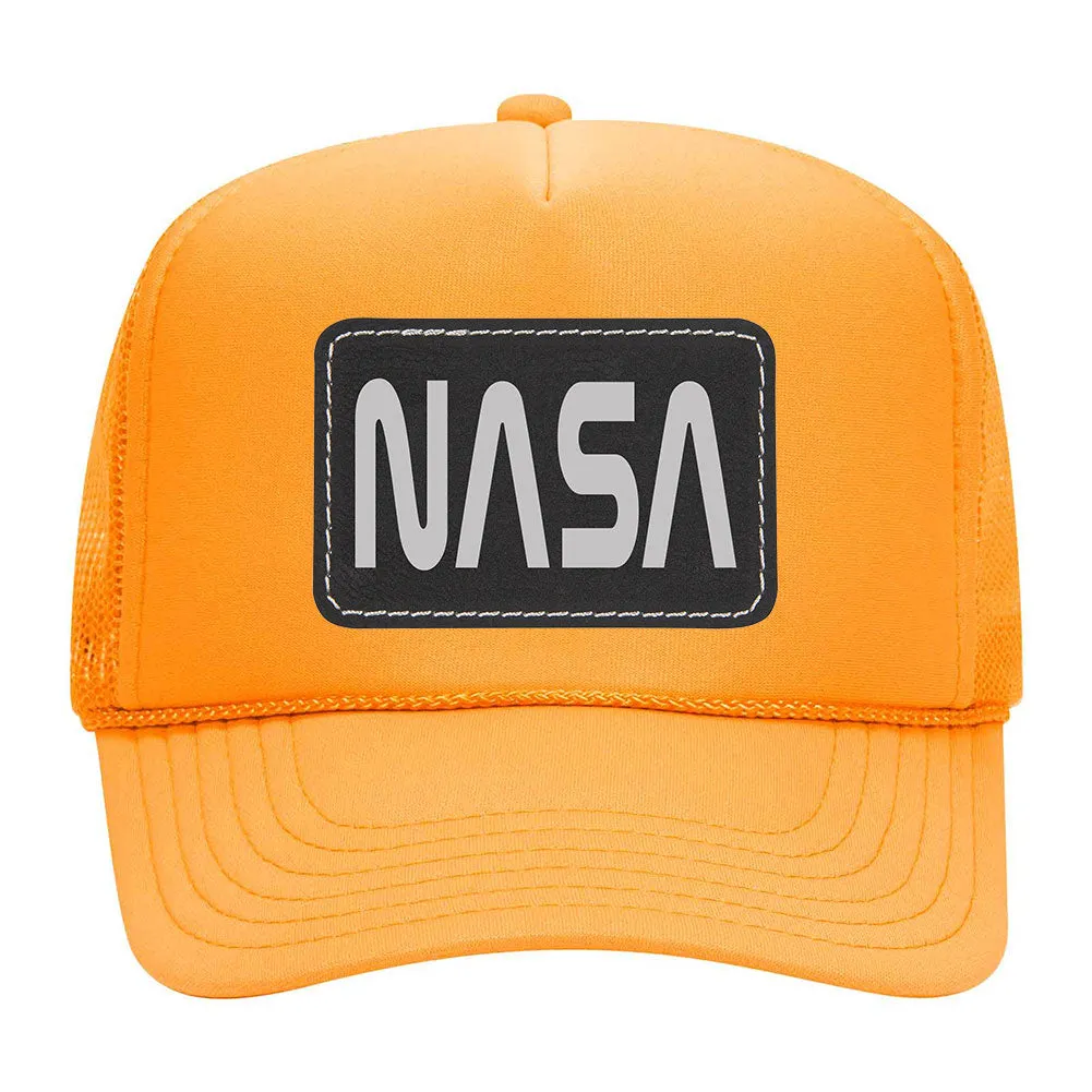 NASA Letter Leatherette Patch 5 Panel Mono Color High Crown Mesh Back Trucker Hat - For Men and Women