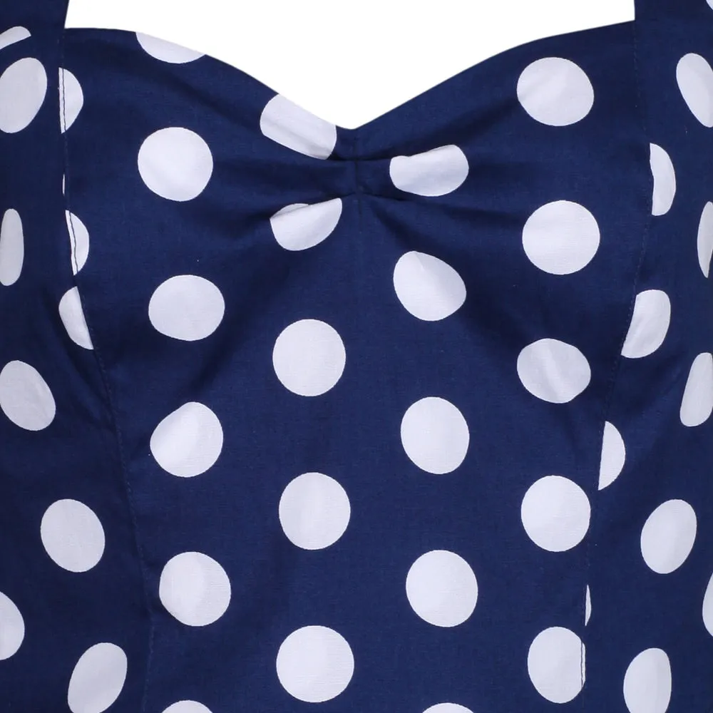 Navy Blue and White Vintage 1950s Polka Dot Swing Dress