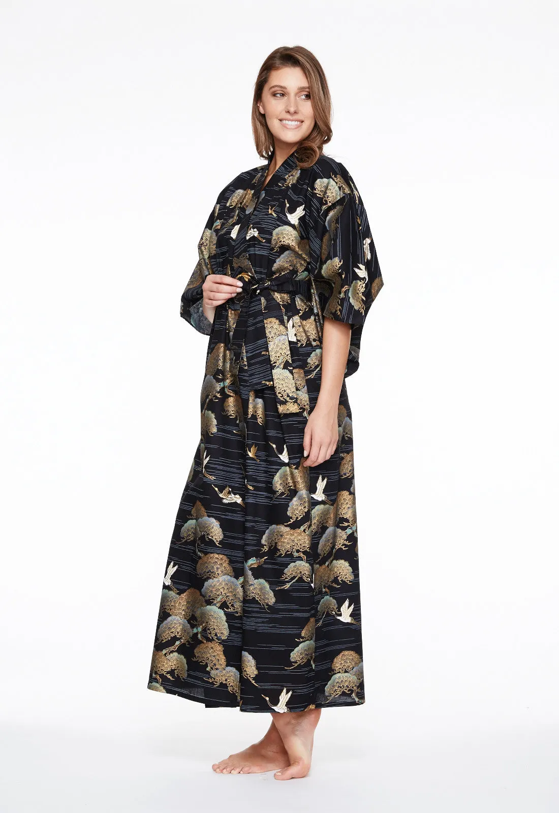 Pines & Cranes Womens Long Cotton Kimono