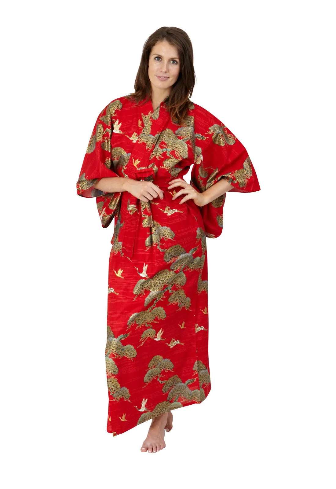 Pines & Cranes Womens Long Cotton Kimono