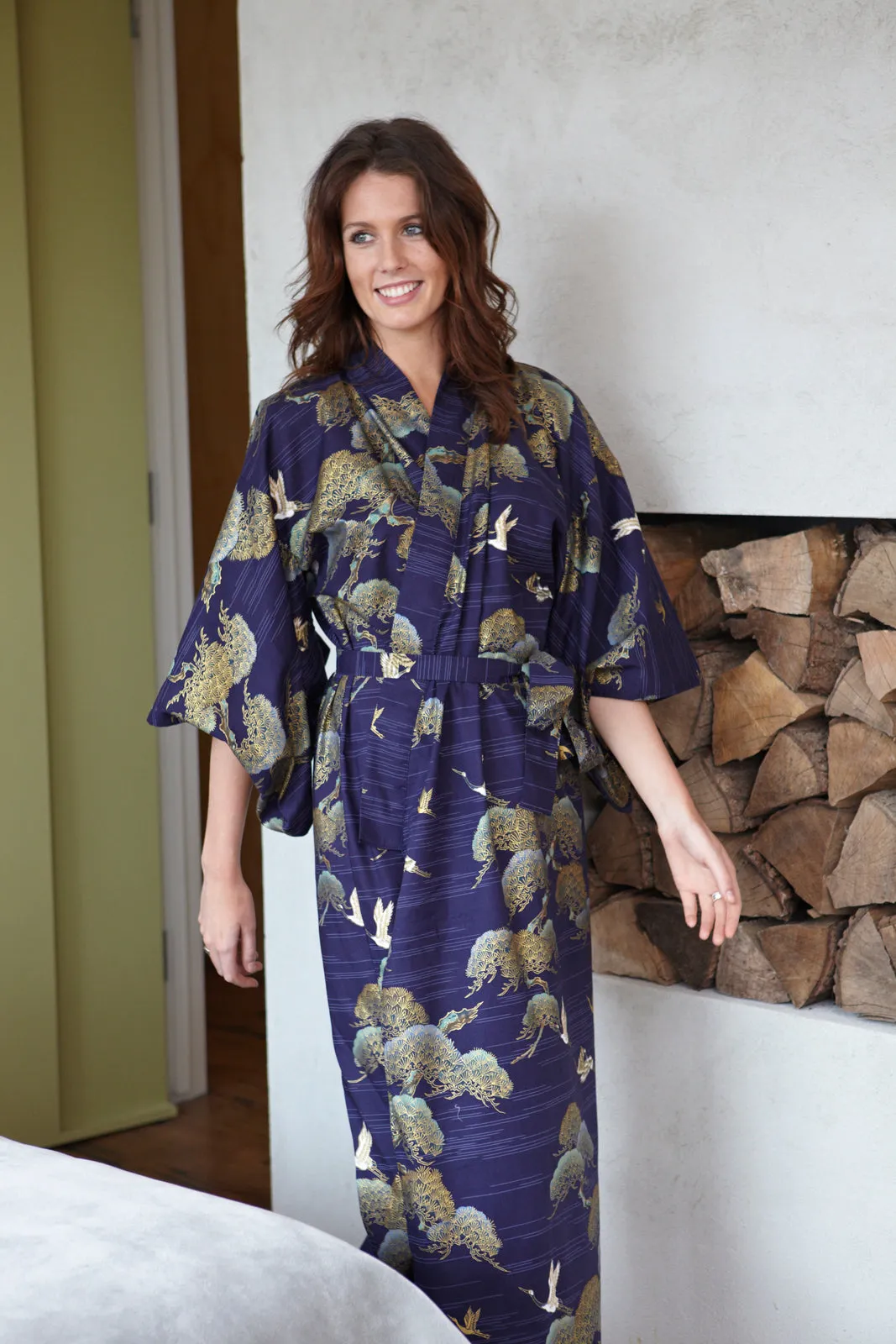 Pines & Cranes Womens Long Cotton Kimono