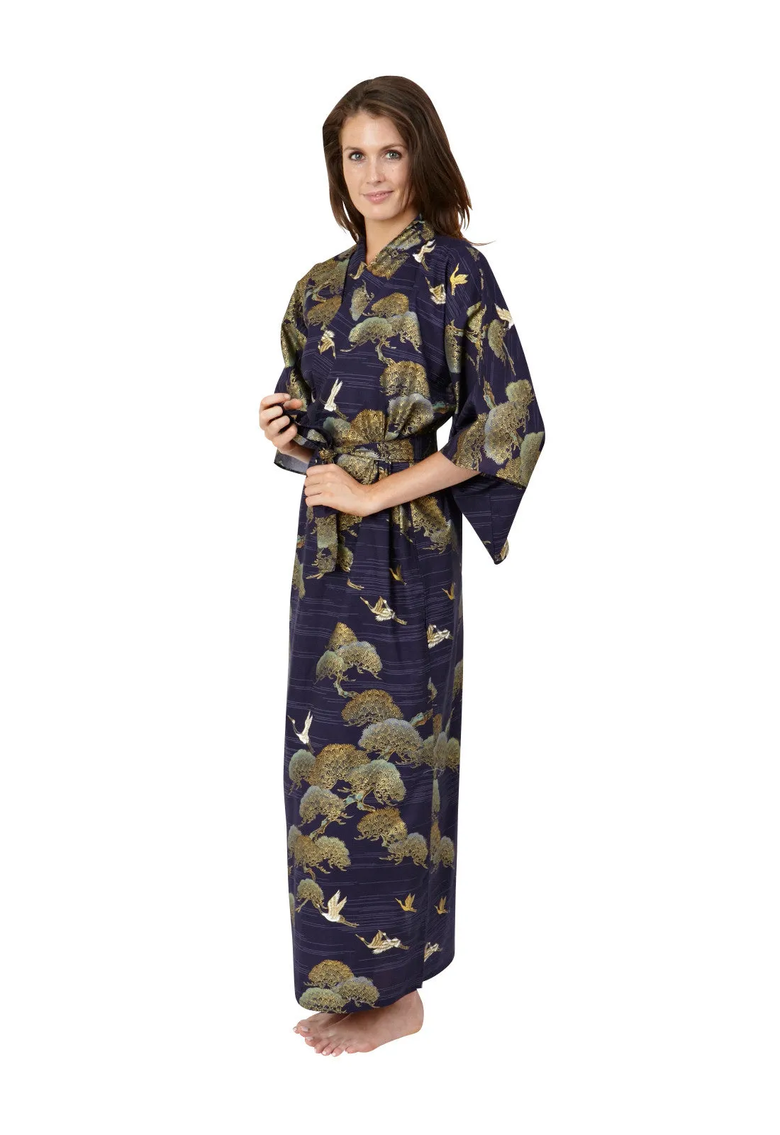 Pines & Cranes Womens Long Cotton Kimono