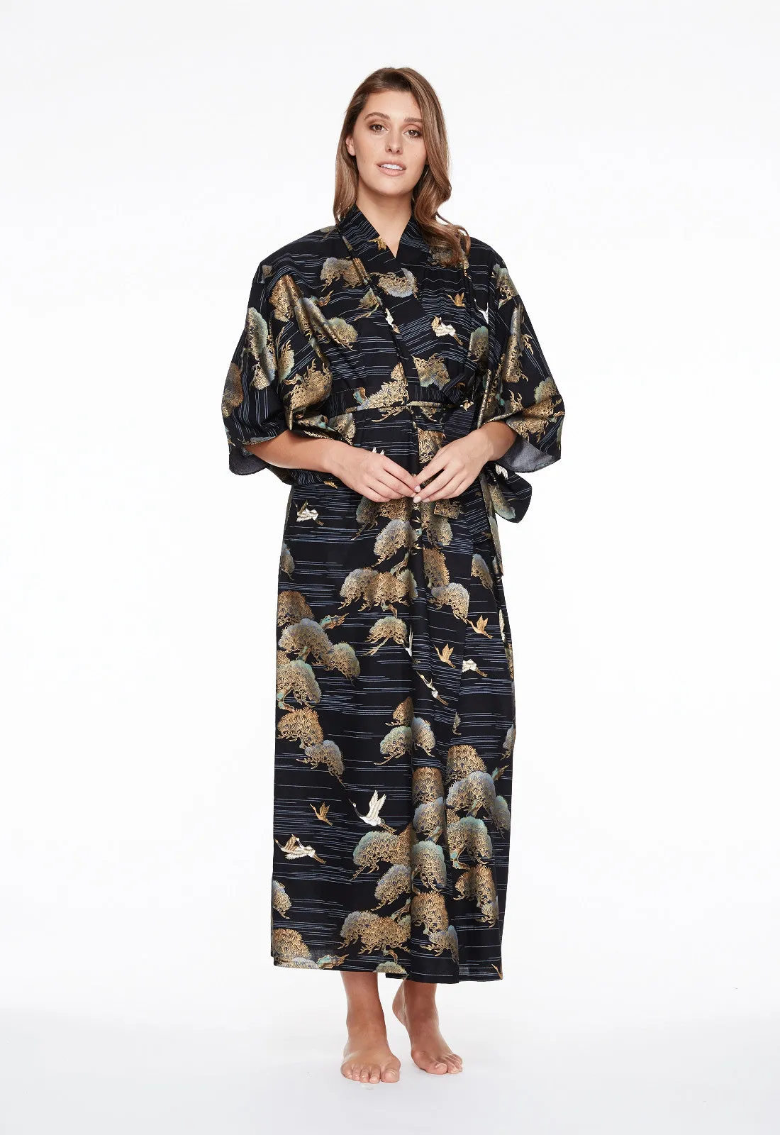 Pines & Cranes Womens Long Cotton Kimono