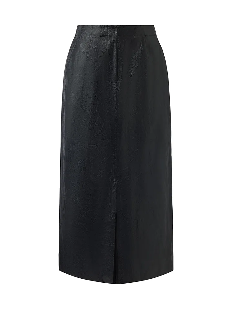 PU Leather Slit Women Column Skirt