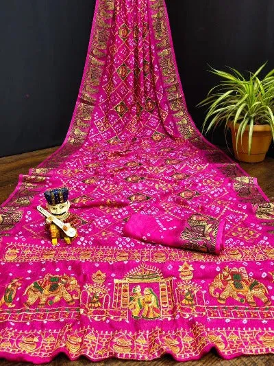 Pure Bandhej Silk Zari Embroidered Saree