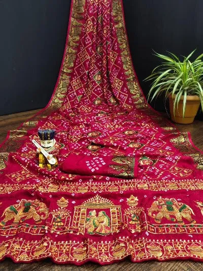 Pure Bandhej Silk Zari Embroidered Saree