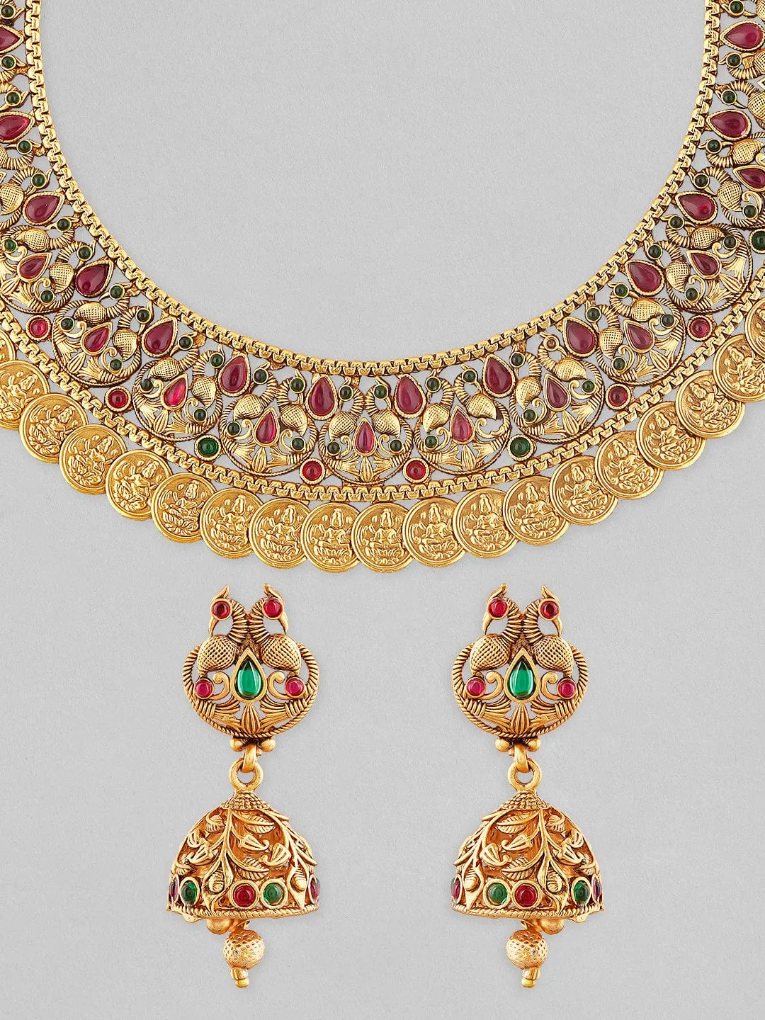 Rubans 22K Gold Plated Temple Necklace Set With Brown Beads.