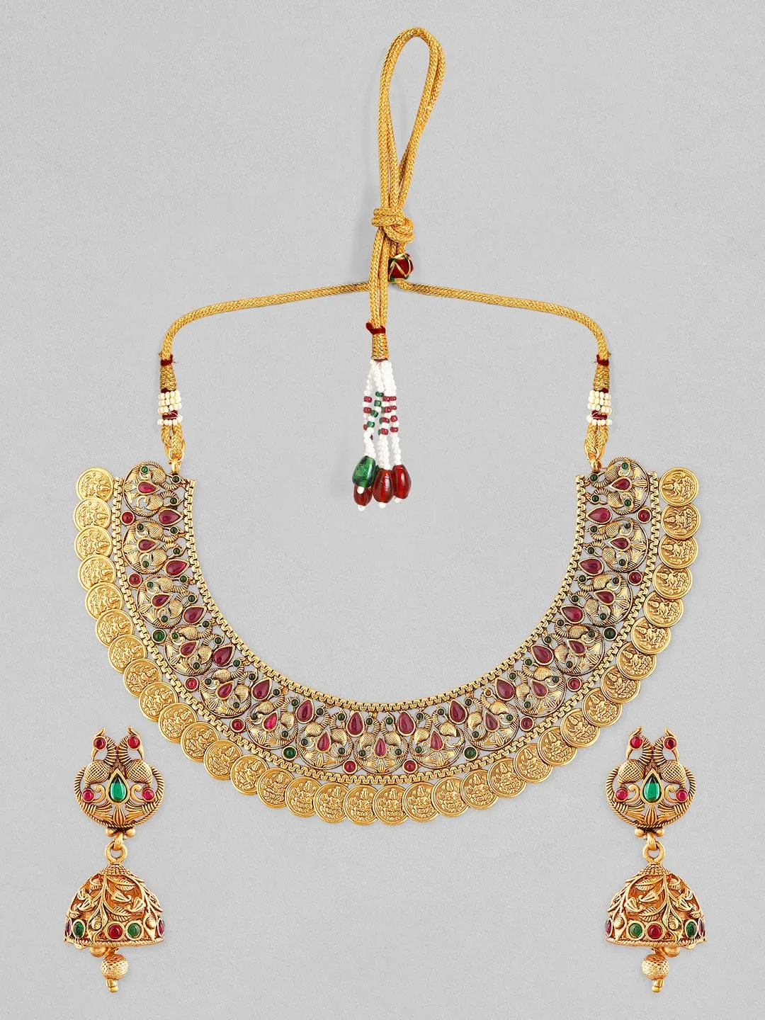 Rubans 22K Gold Plated Temple Necklace Set With Brown Beads.