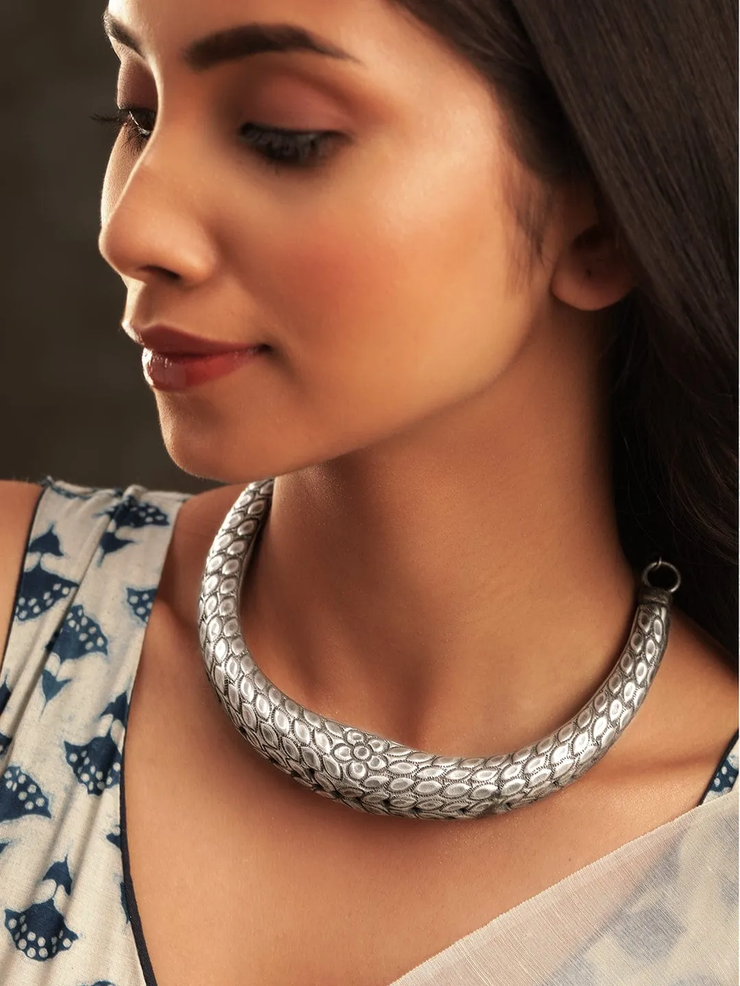 Rubans Elegant Oxidized Silver Plated Floral Choker Necklace