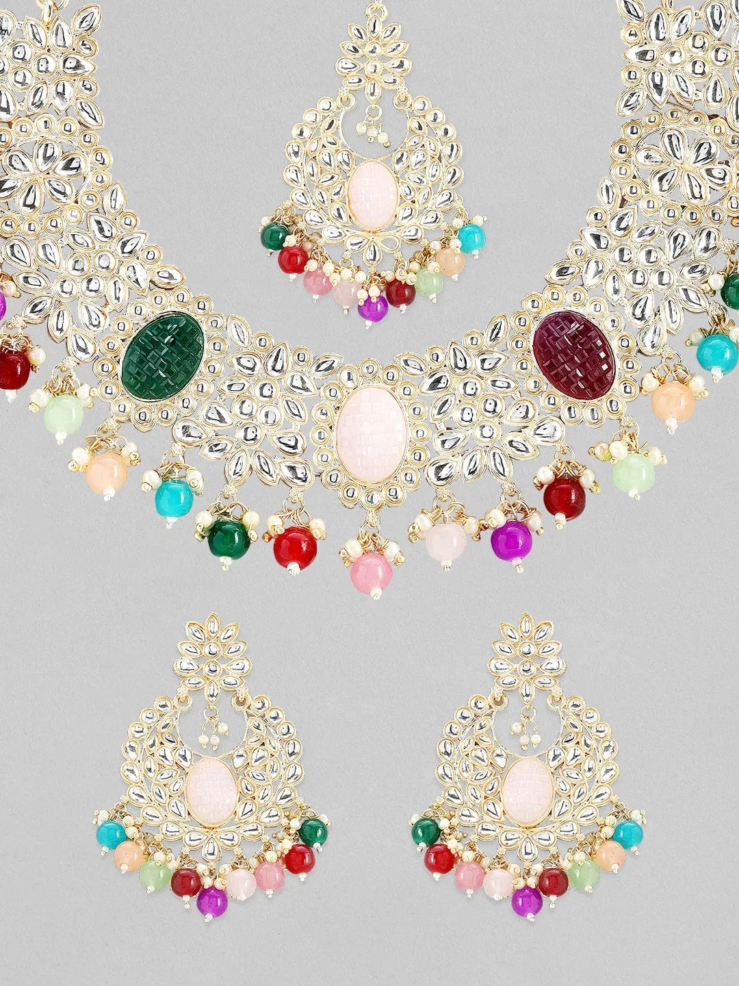 Rubans Gold Plated Kundan Studded Necklace Set With Multicolour Beads