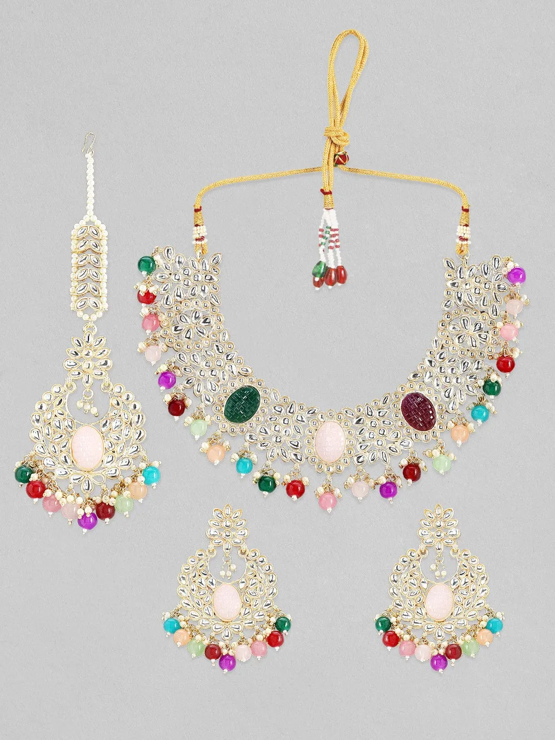 Rubans Gold Plated Kundan Studded Necklace Set With Multicolour Beads