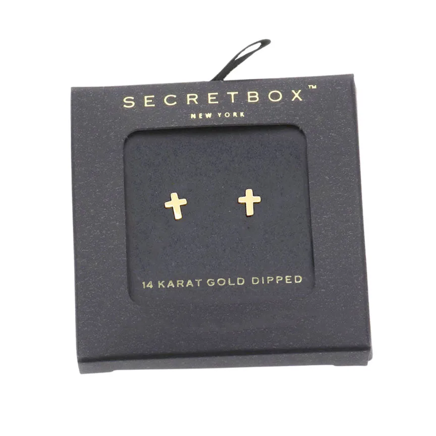 Secret Box 14K Gold Dipped Metal Cross Stud Earrings