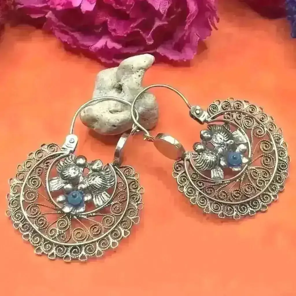 Silver Arracadas Earrings with doves, flowers and lapis lazuli