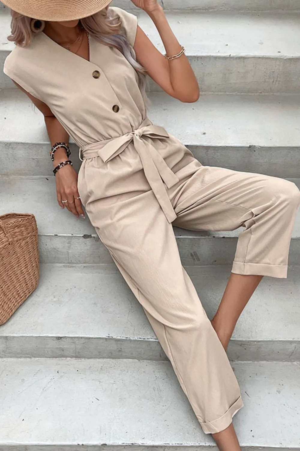 Sunset and Swim Capped Sleeve Belted V-Neck Jumpsuit