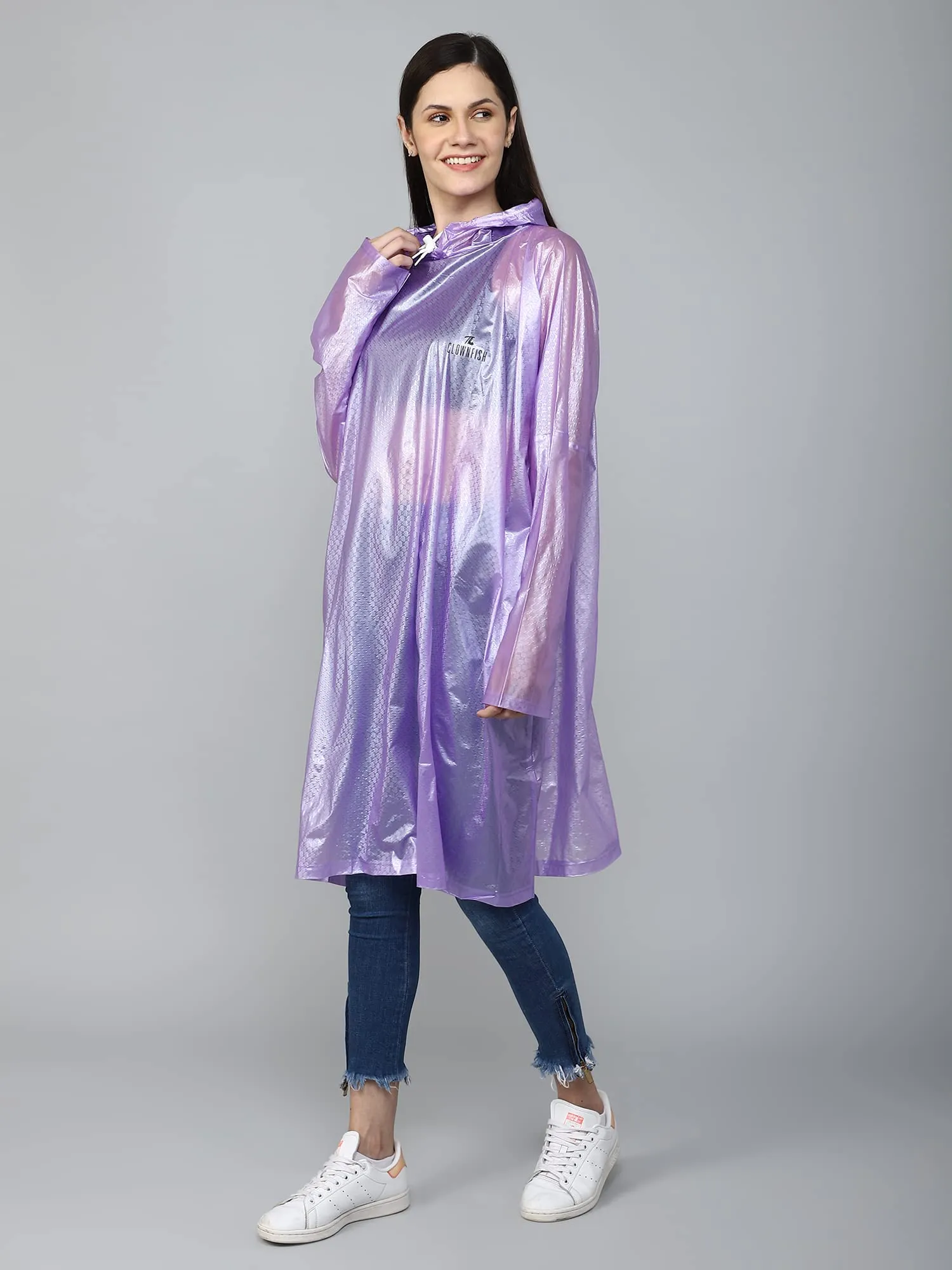 THE CLOWNFISH Avalon Series Womens Waterproof PVC Transparent Self Design Pullover Longcoat/Raincoat with Adjustable Hood (Purple, X-Large)