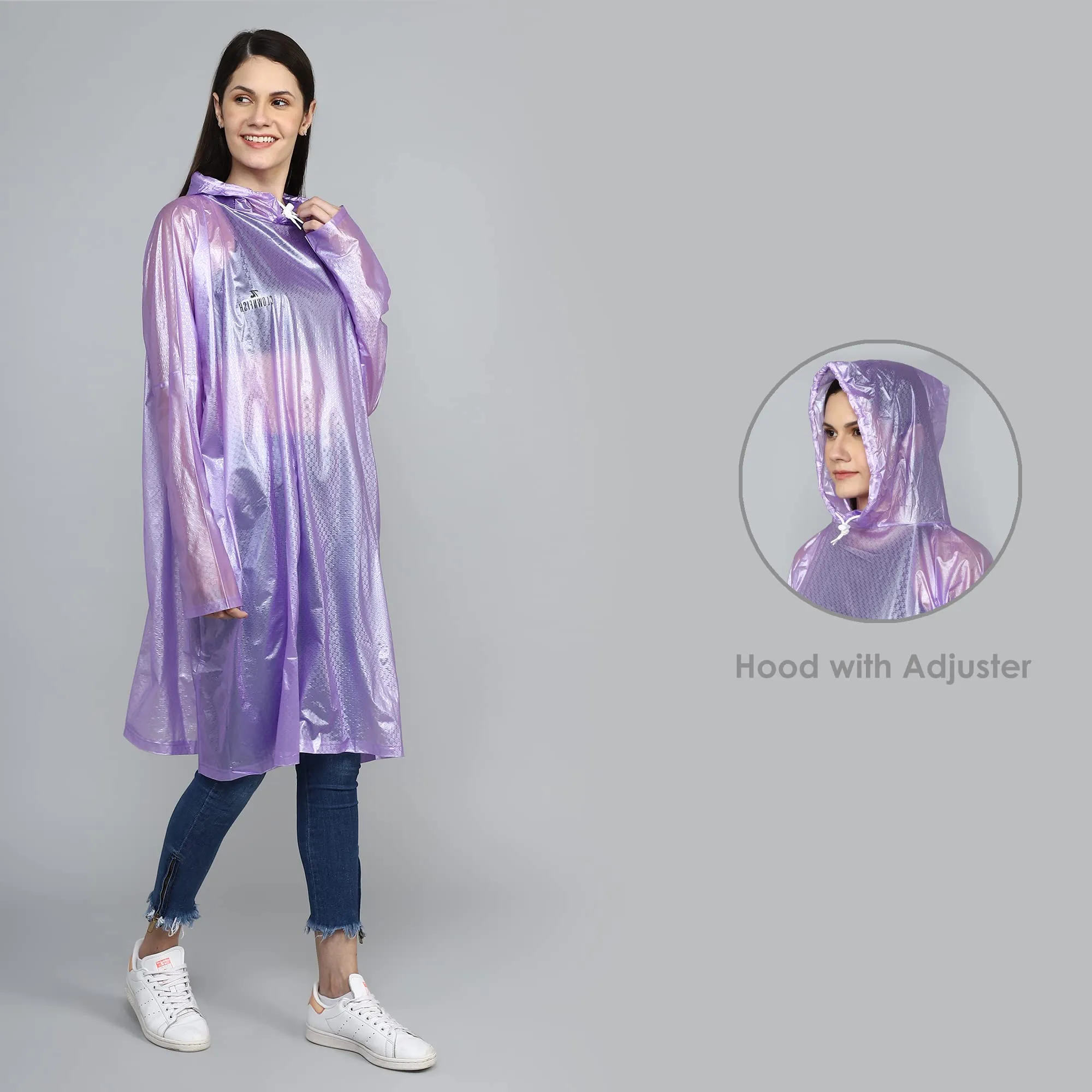 THE CLOWNFISH Avalon Series Womens Waterproof PVC Transparent Self Design Pullover Longcoat/Raincoat with Adjustable Hood (Purple, X-Large)