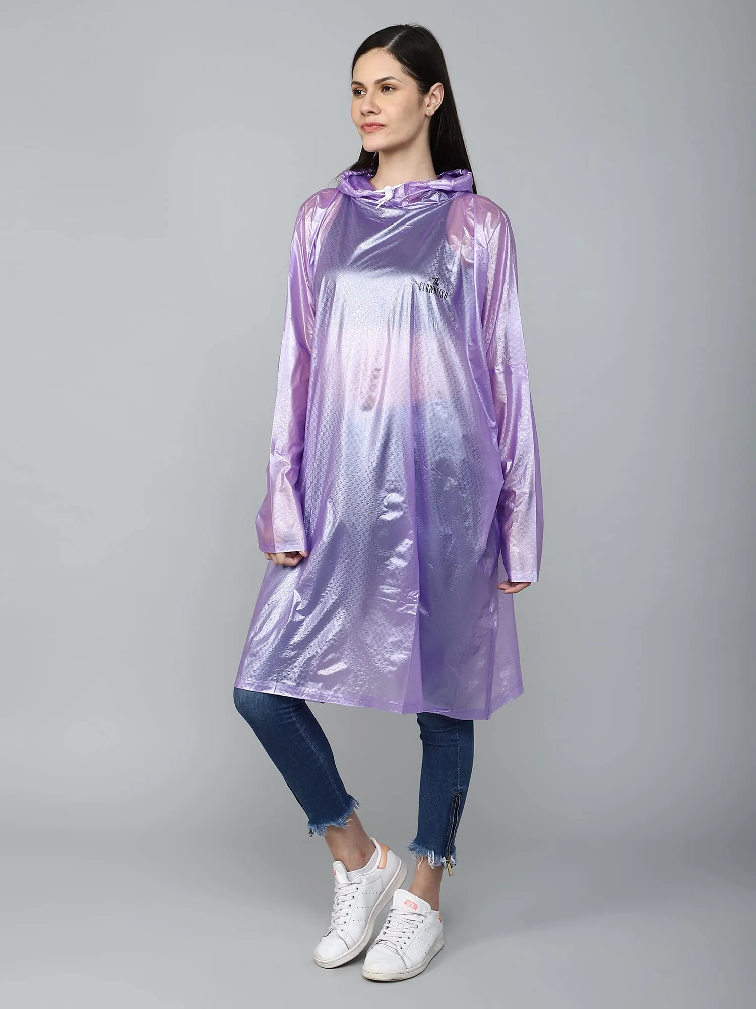 THE CLOWNFISH Avalon Series Womens Waterproof PVC Transparent Self Design Pullover Longcoat/Raincoat with Adjustable Hood (Purple, X-Large)