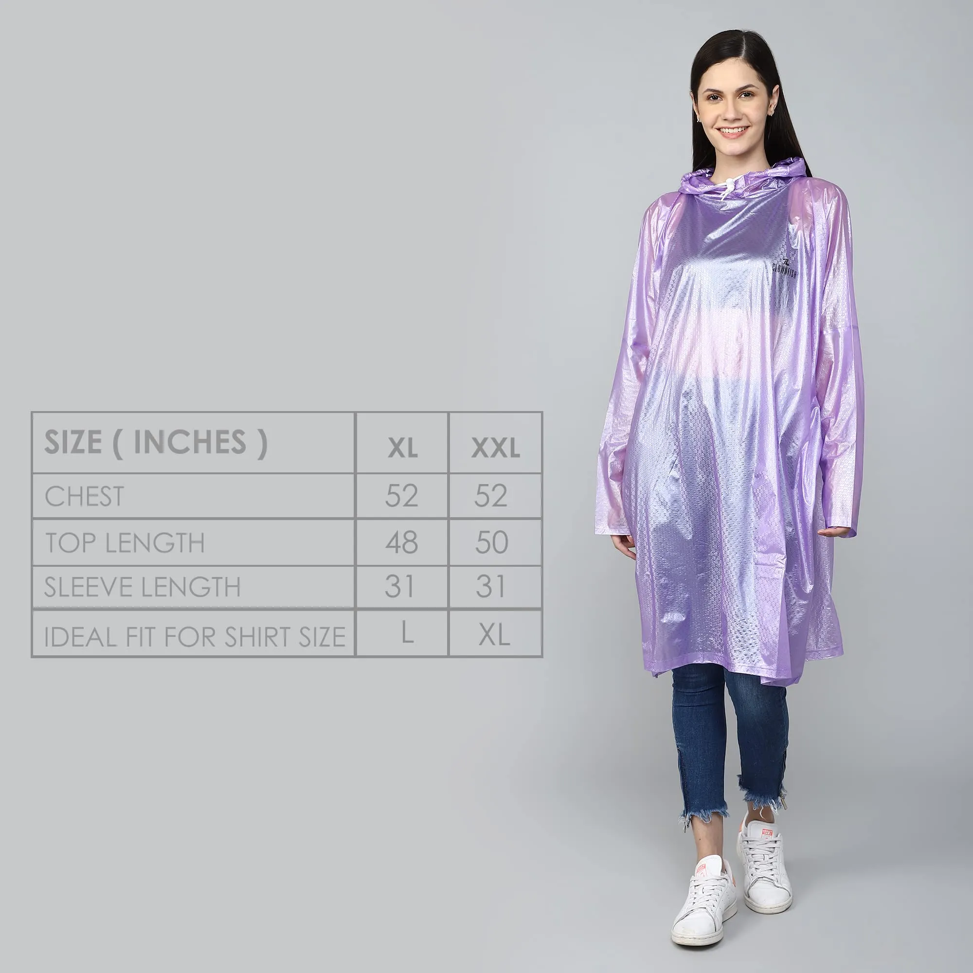 THE CLOWNFISH Avalon Series Womens Waterproof PVC Transparent Self Design Pullover Longcoat/Raincoat with Adjustable Hood (Purple, X-Large)