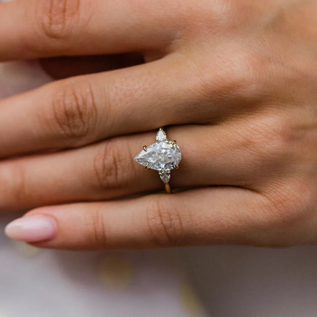 Three Stone Pear Cut Yellow Gold Anniversary Ring For Her