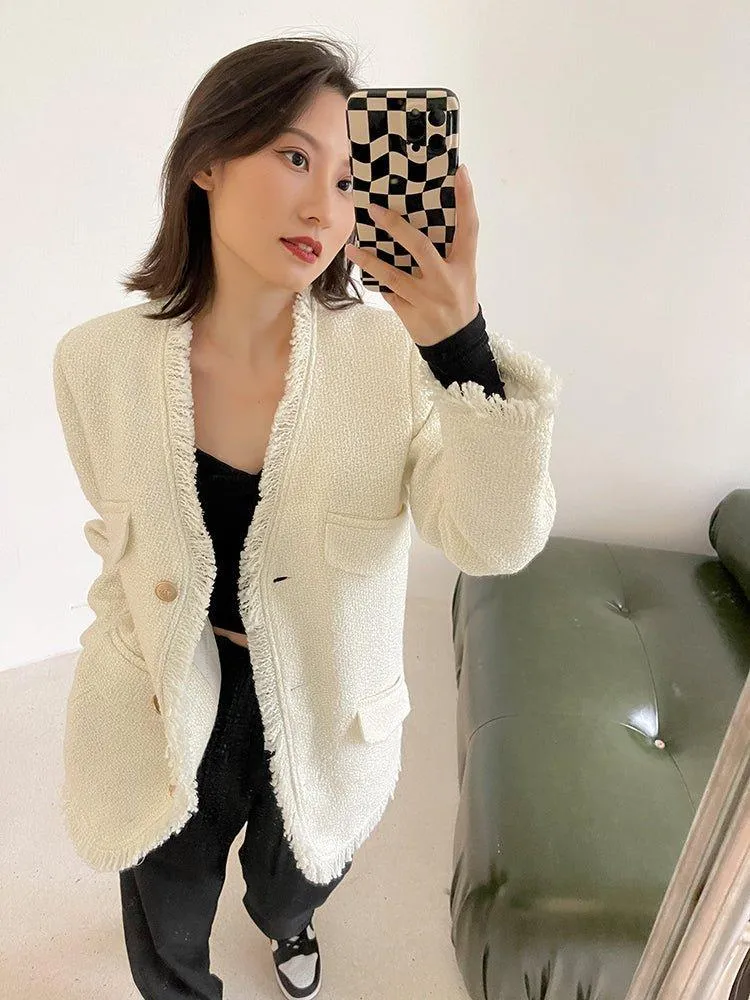 Tweed Cardigan Blazer Jacket Coat 2 Colors Black White