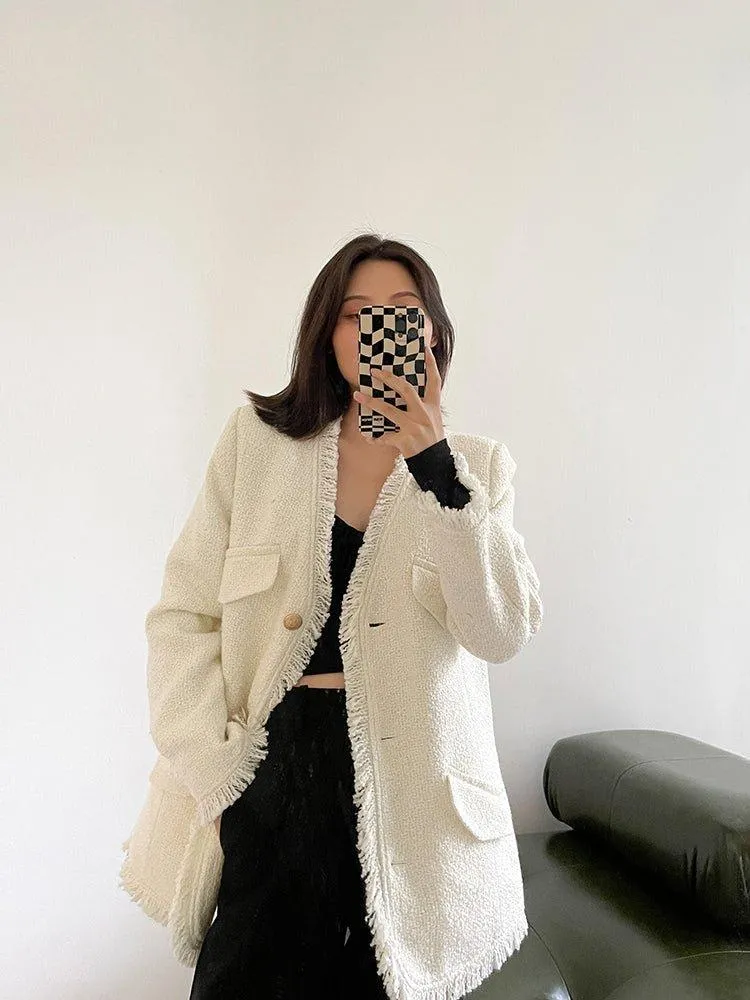 Tweed Cardigan Blazer Jacket Coat 2 Colors Black White