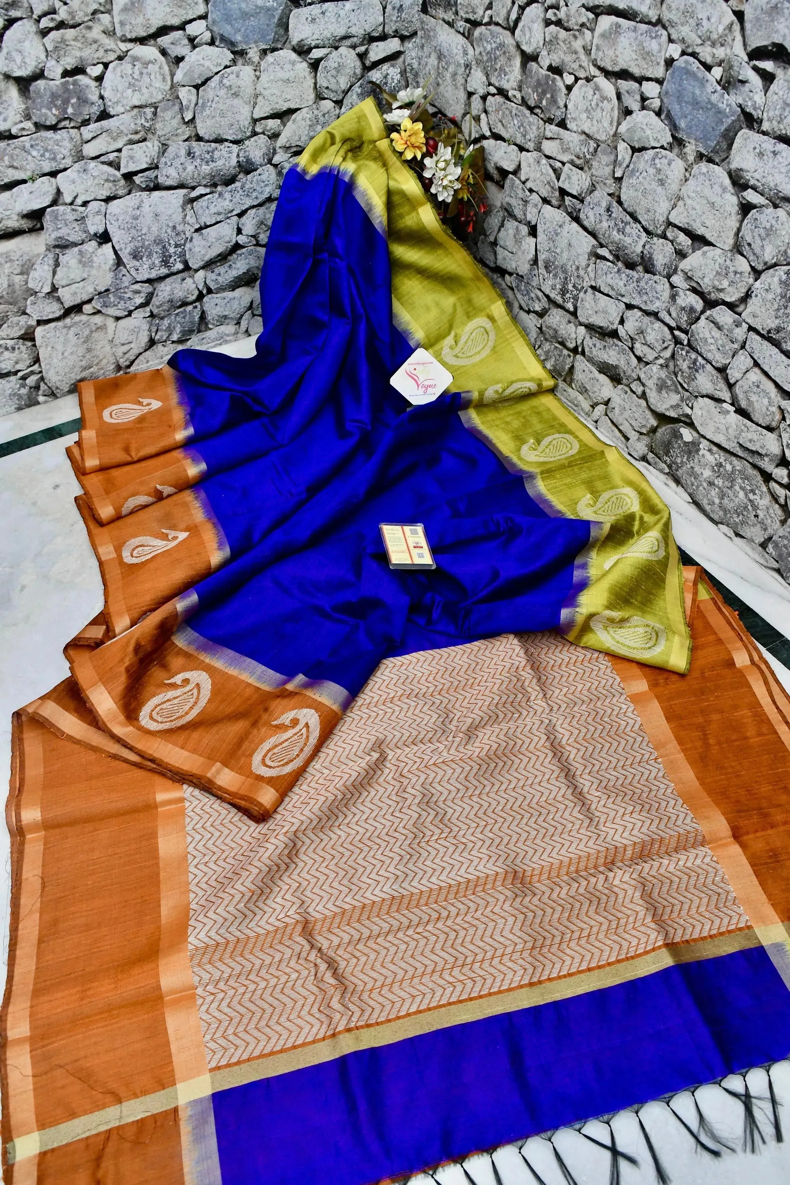 Ultramarine Blue Color Pure Raw Silk Saree with Ganga Jamuna Border